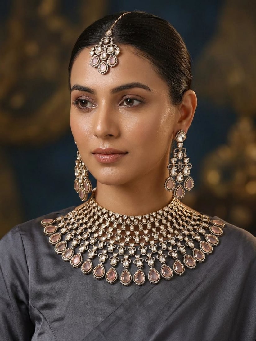 Teardrop Stone Studded Kundan Bridal Necklace Set with Earrings and Maang Tikka (1 of 1)