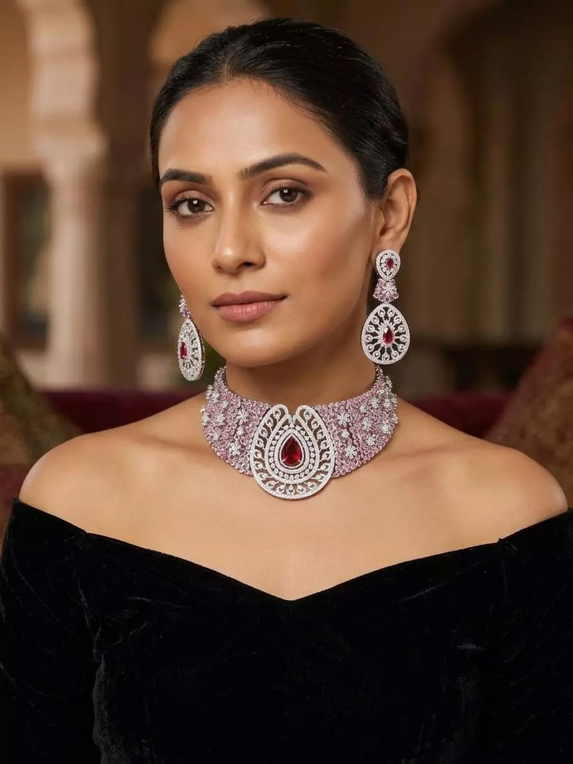 Pink American Diamond Stone Studded Necklace and Earring Set (1 of 1)