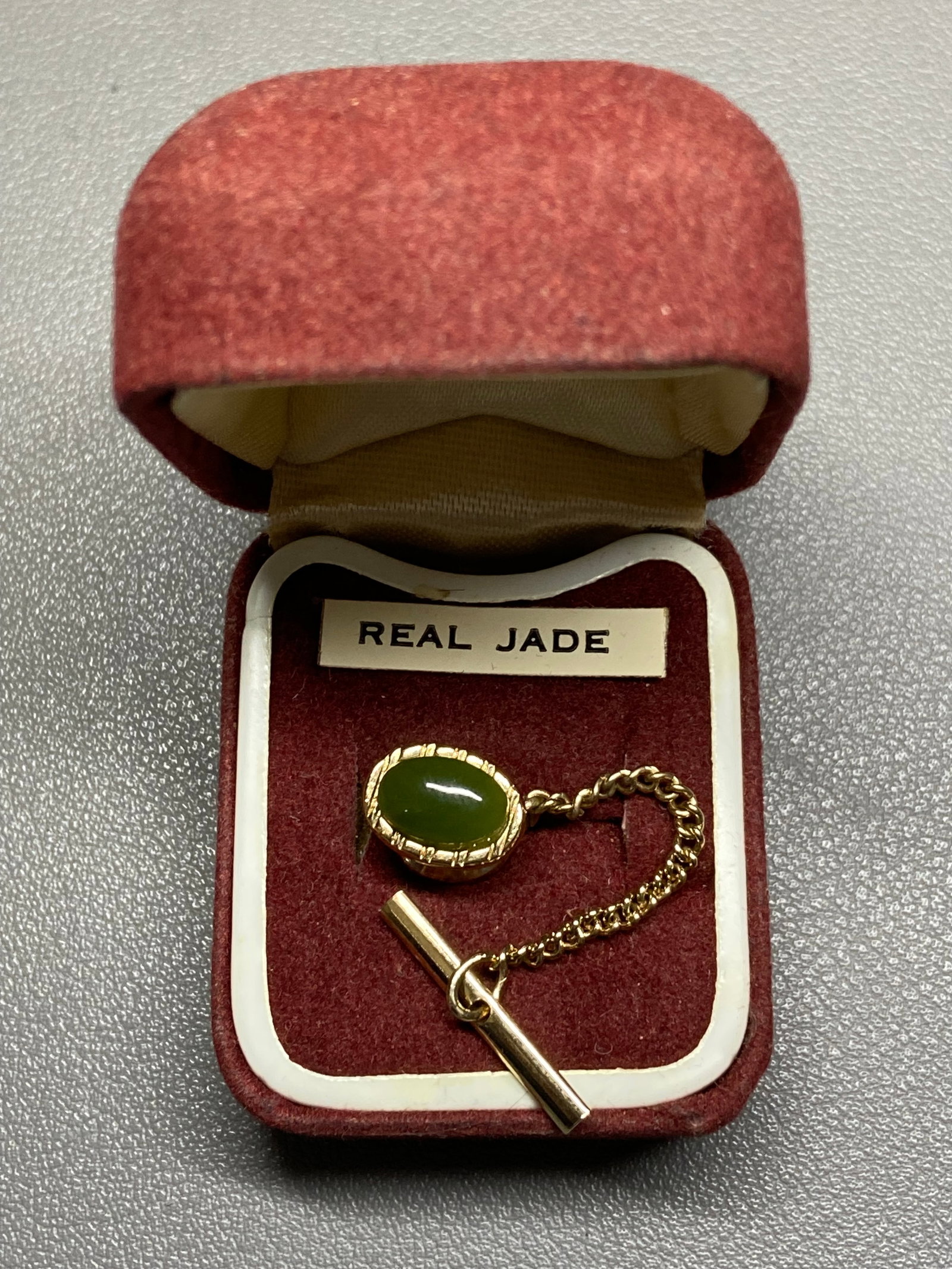 1930s Real Spinach Green Jade Tie Pin with 24K Gold Plating, Original Box - 10