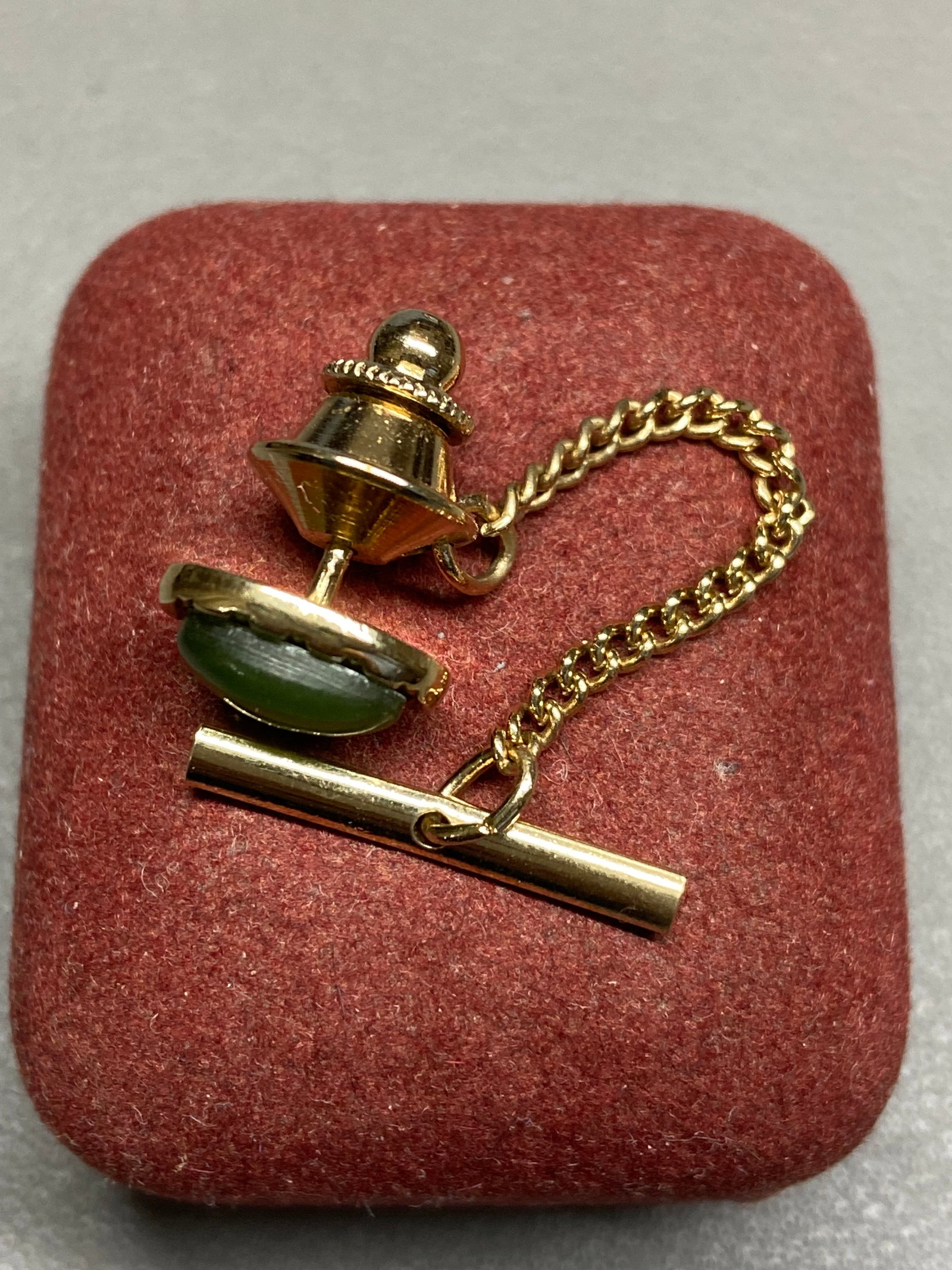 1930s Real Spinach Green Jade Tie Pin with 24K Gold Plating, Original Box - 2