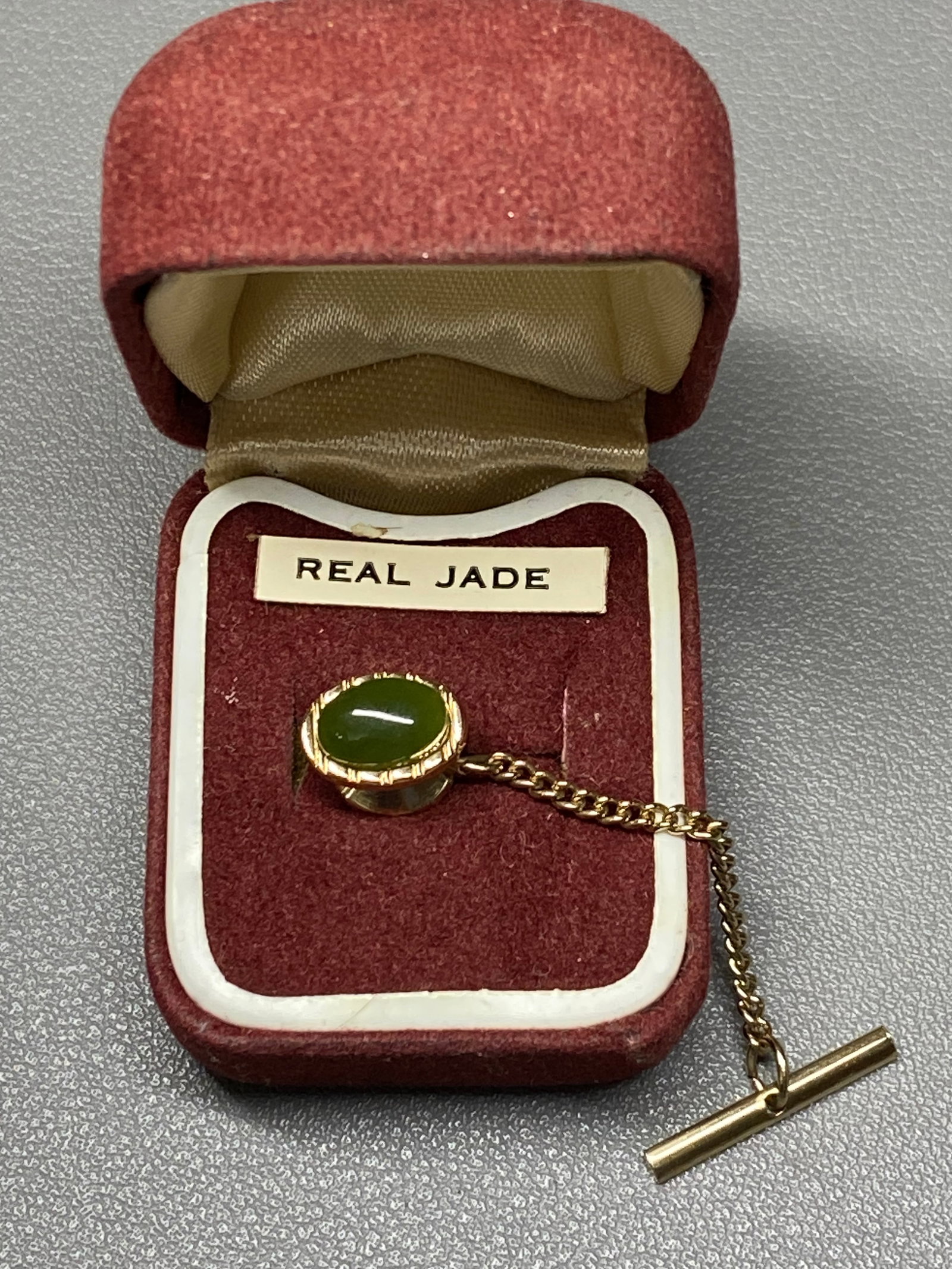 1930s Real Spinach Green Jade Tie Pin with 24K Gold Plating, Original Box - 8