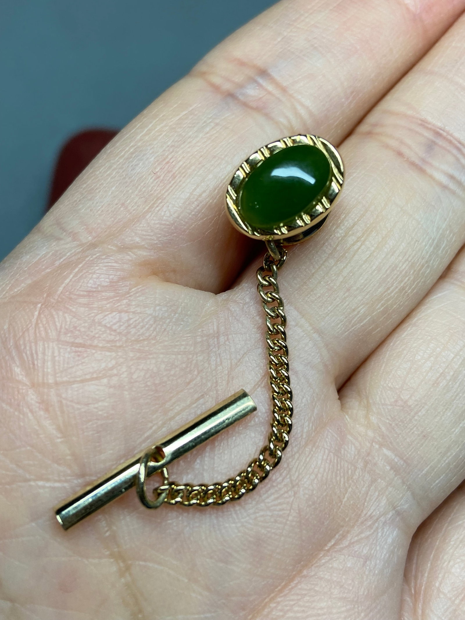 1930s Real Spinach Green Jade Tie Pin with 24K Gold Plating, Original Box - 9