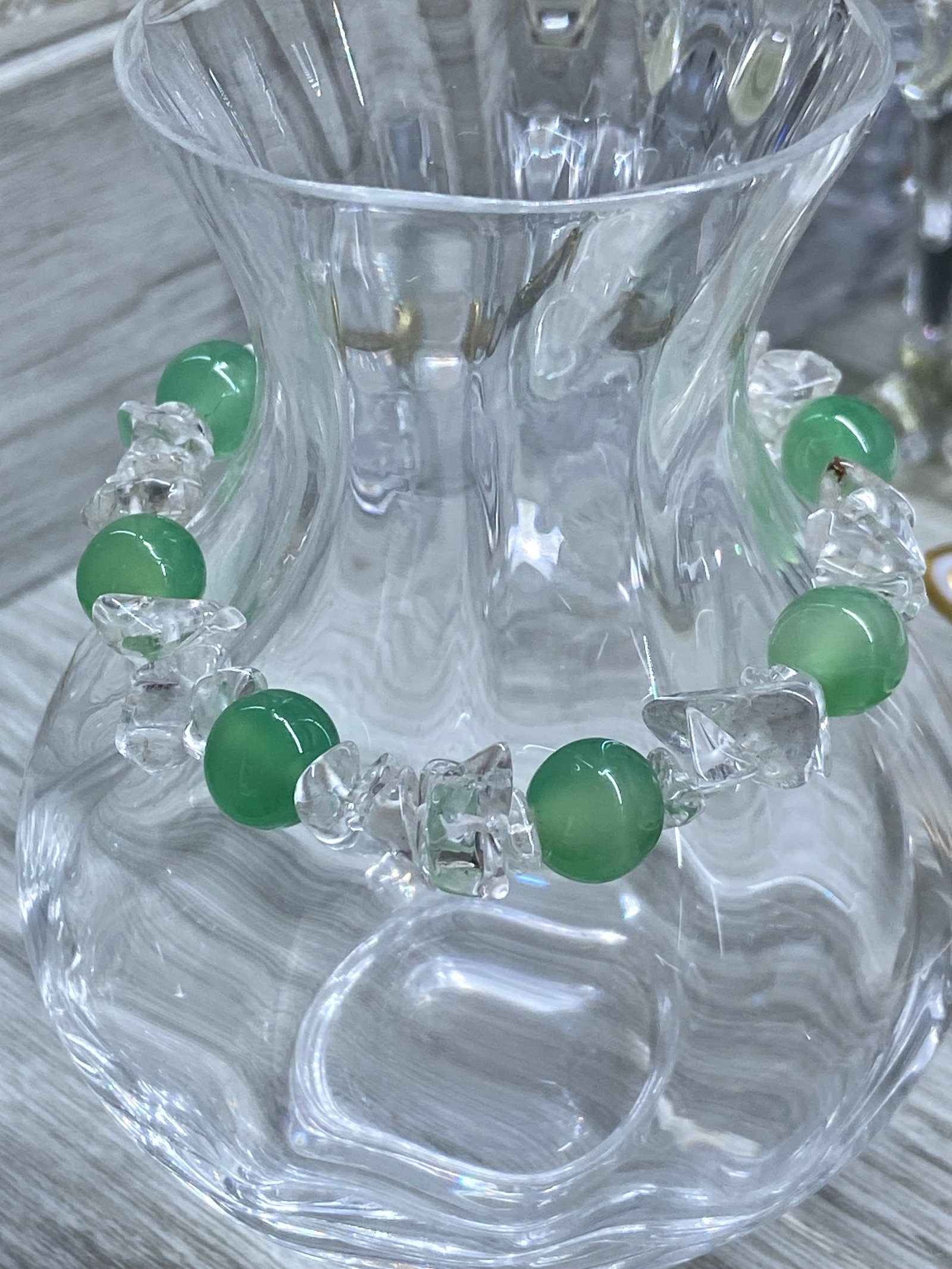 Vintage Green Chalcedony and Rock Crystal Bead Bracelet - 6