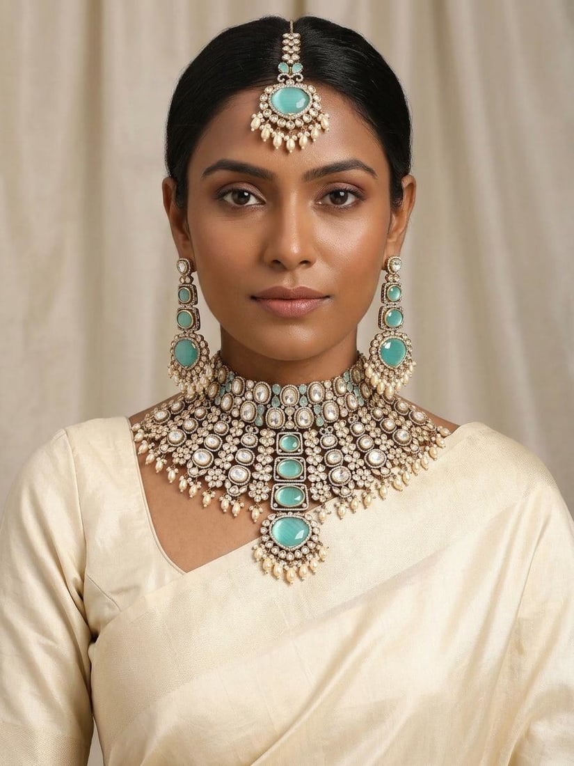 Sea Green Stone Studded Bridal Kundan Choker Necklace Set with Maang Tikka: Title:Sea Green Stone Studded Bridal Kundan Choker Necklace Set with Maang Tikka Reference:itemcode : JA0611 Reserve: $864.00 Shipping: Domestic: Shipping rates are determined by destination