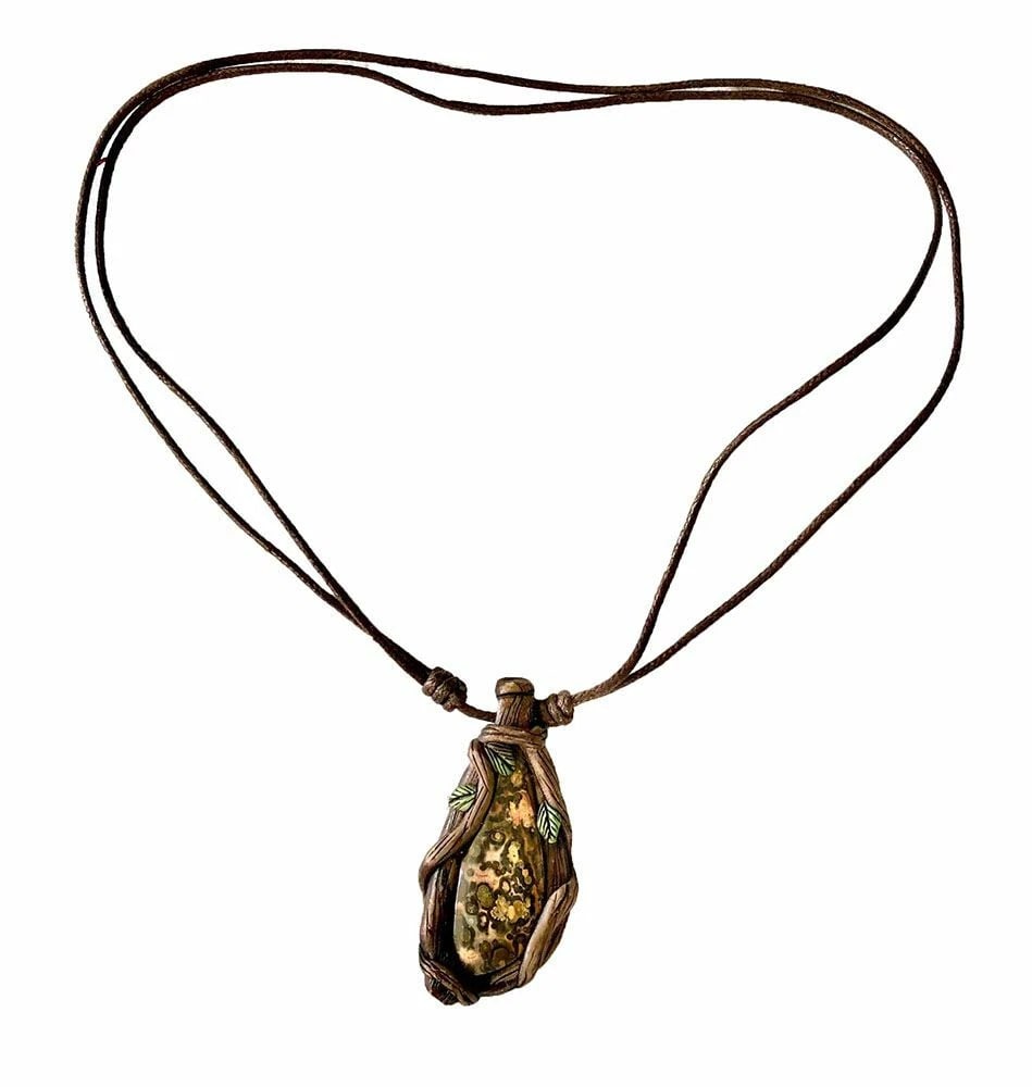 New Polymer Clay Brown Artisan Hand Made Necklace: Title:New Polymer Clay Brown Artisan Hand Made Necklace Description:New brown, waxed cotton, artisan hand made necklace with Leopardskin Jasper. Measurement from large: 9" ajustable Measurement of