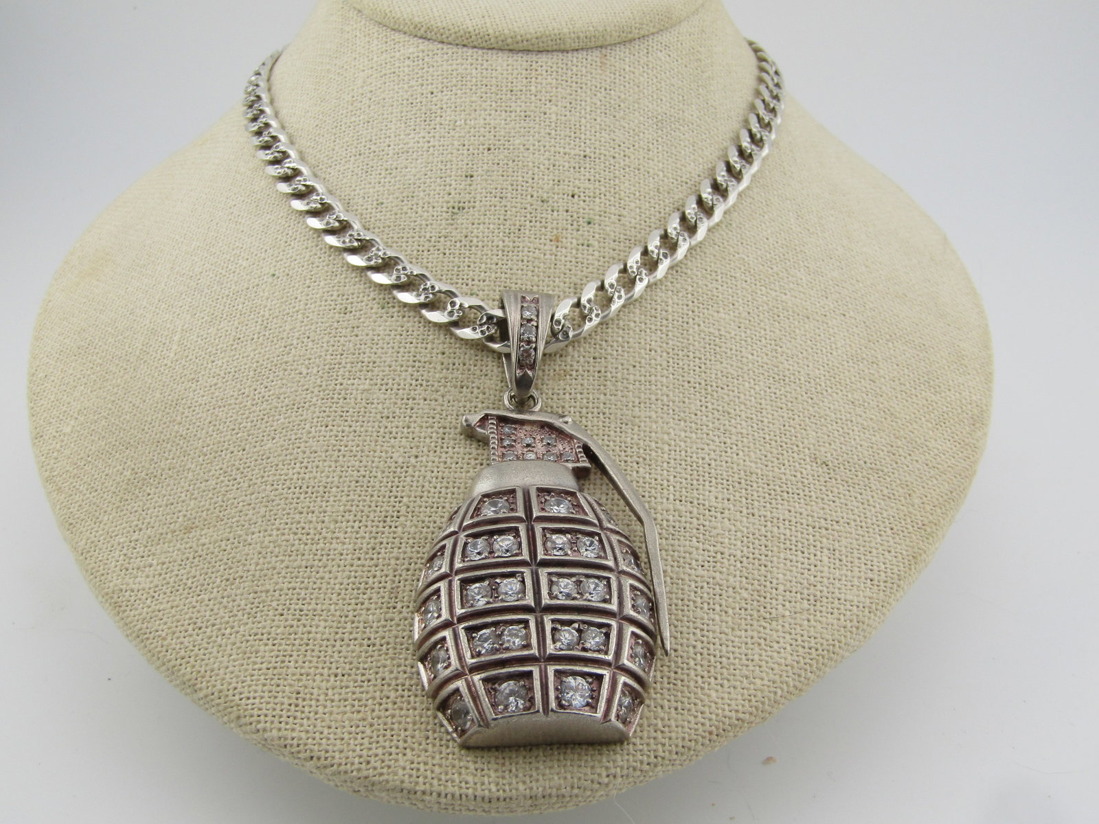 Sterling Silver Curb Link Grenade Necklace, 24", with Rhinestones, Hip Hop Style, 7mm, Signed - 2