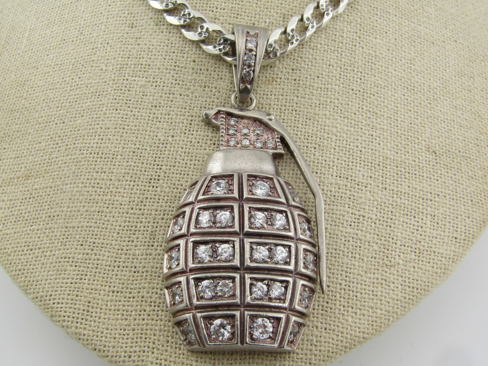 Sterling Silver Curb Link Grenade Necklace, 24", with Rhinestones, Hip Hop Style, 7mm, Signed - 3