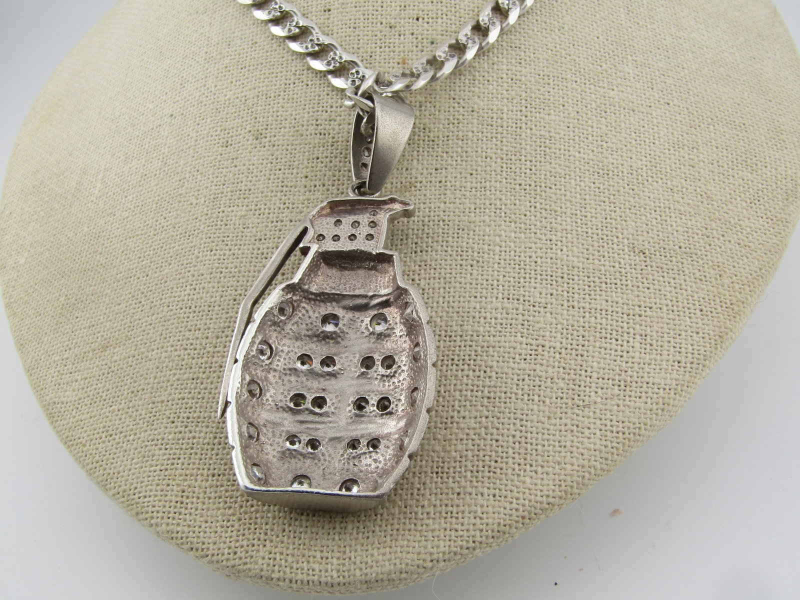 Sterling Silver Curb Link Grenade Necklace, 24", with Rhinestones, Hip Hop Style, 7mm, Signed - 4