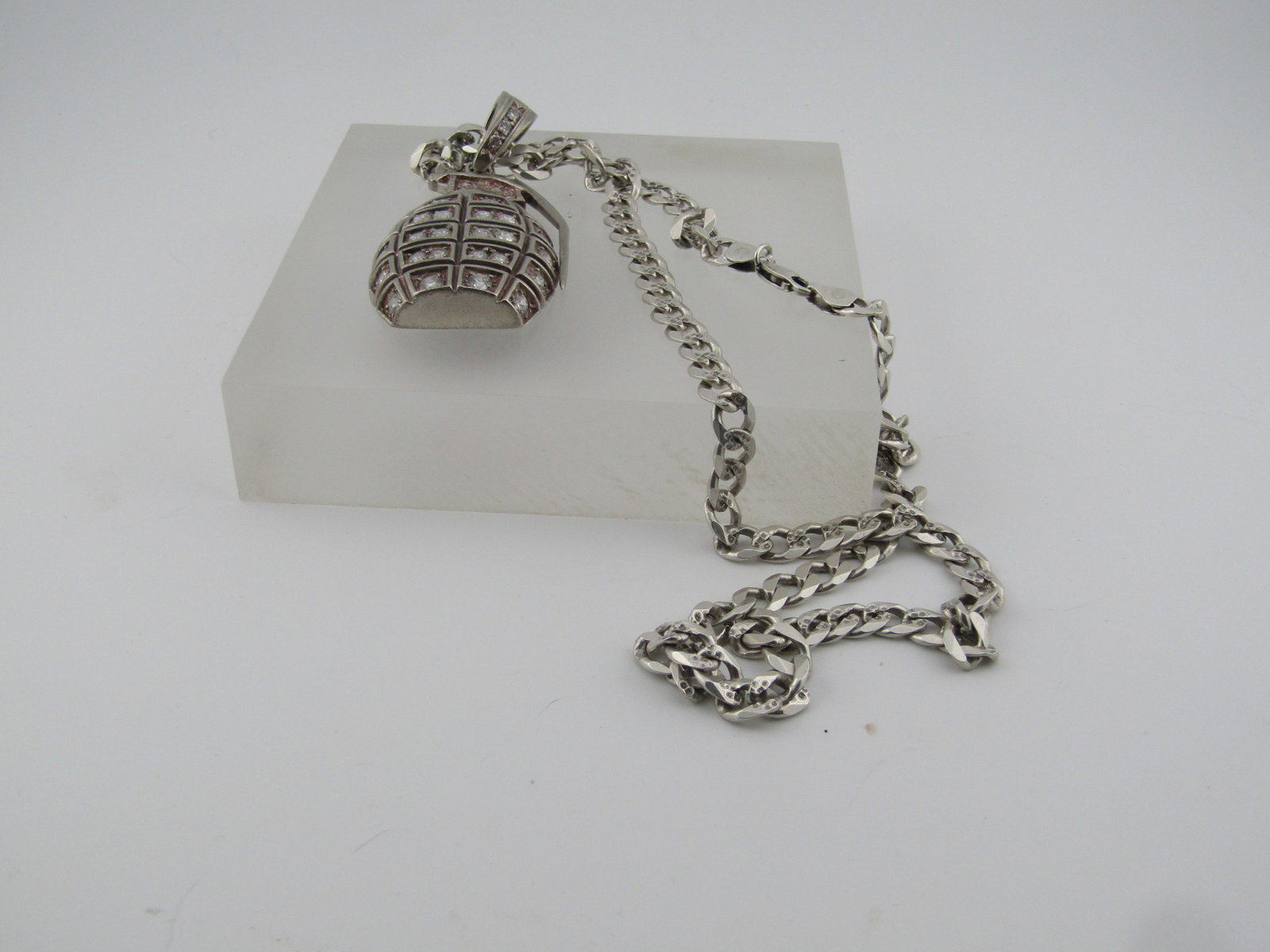 Sterling Silver Curb Link Grenade Necklace, 24", with Rhinestones, Hip Hop Style, 7mm, Signed - 5