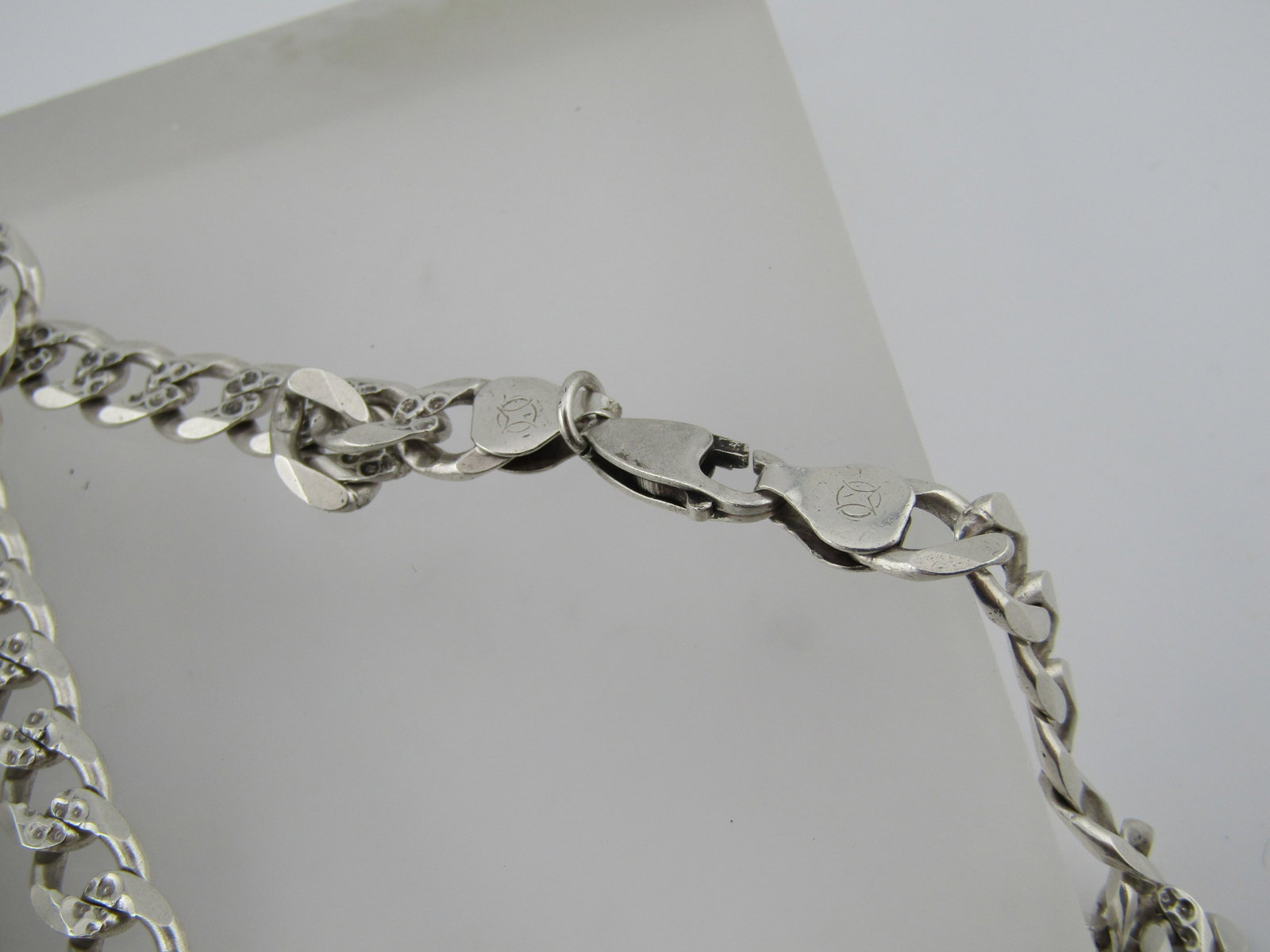 Sterling Silver Curb Link Grenade Necklace, 24", with Rhinestones, Hip Hop Style, 7mm, Signed - 6