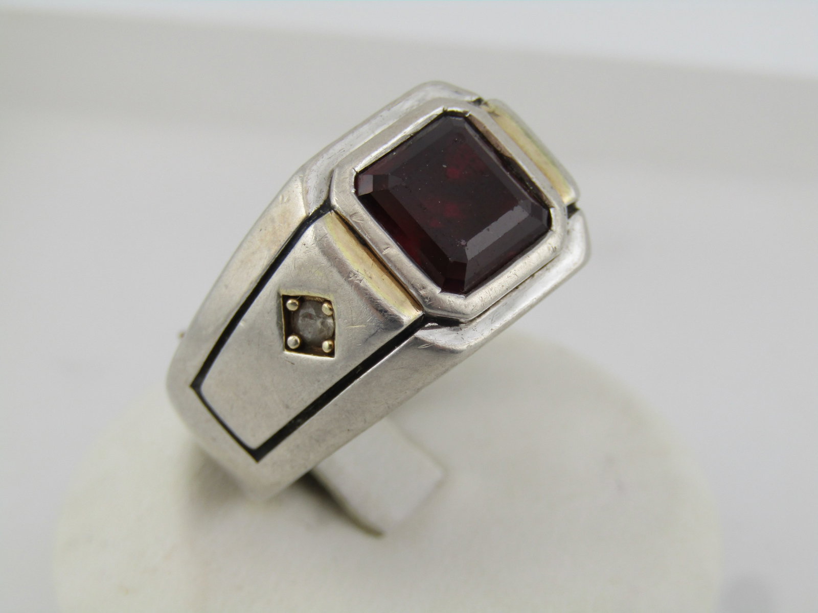 Vintage Sterling Ruby & Clear Sapphire Ring, Sz. 10, Signet Style, 1980's - 2