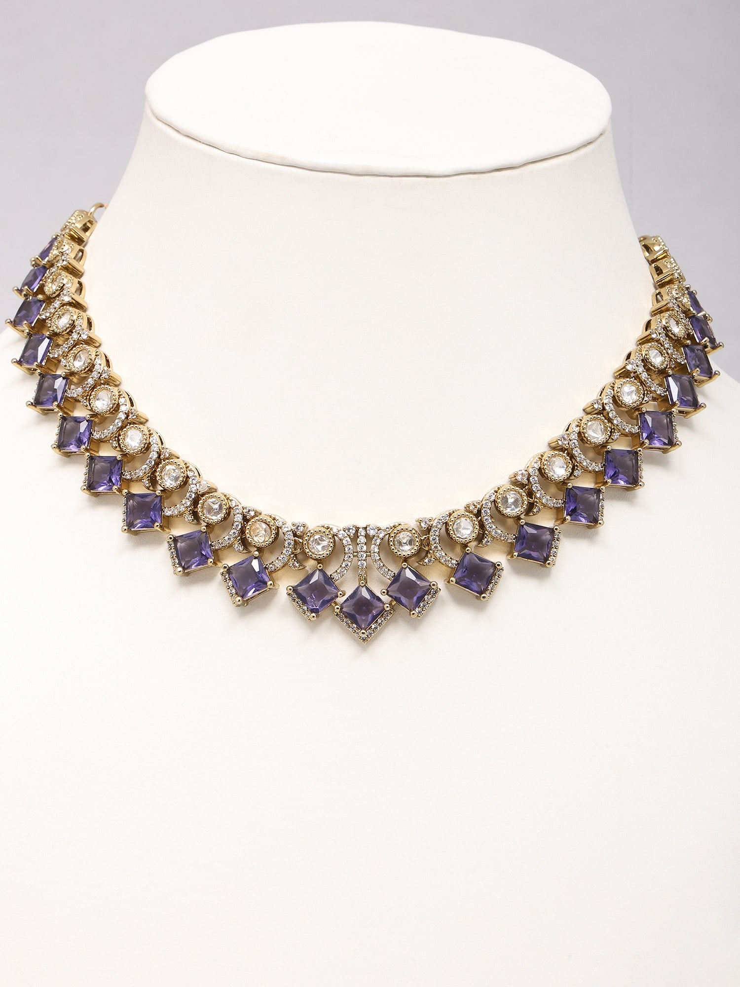 Square Stone Studded Kundan Bridal Choker Necklace Set with Earrings - 2