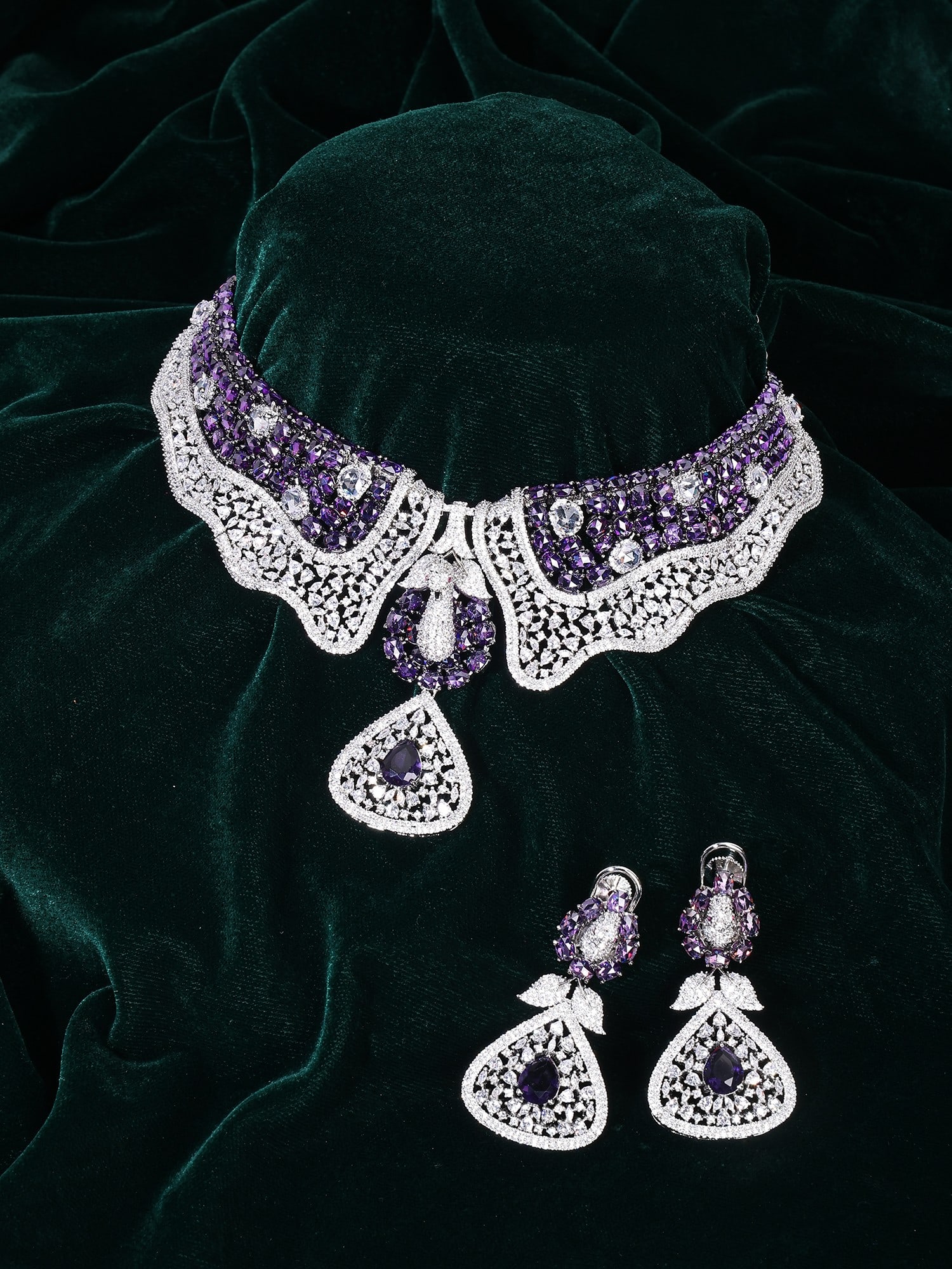 Peacock Design Stone Studded American Diamond Choker Set with Earrings: Title:Peacock Design Stone Studded American Diamond Choker Set with Earrings Reference:itemcode : JA0662-Purple Reserve: $362.00 Shipping: Domestic: Shipping rates are determined by destination