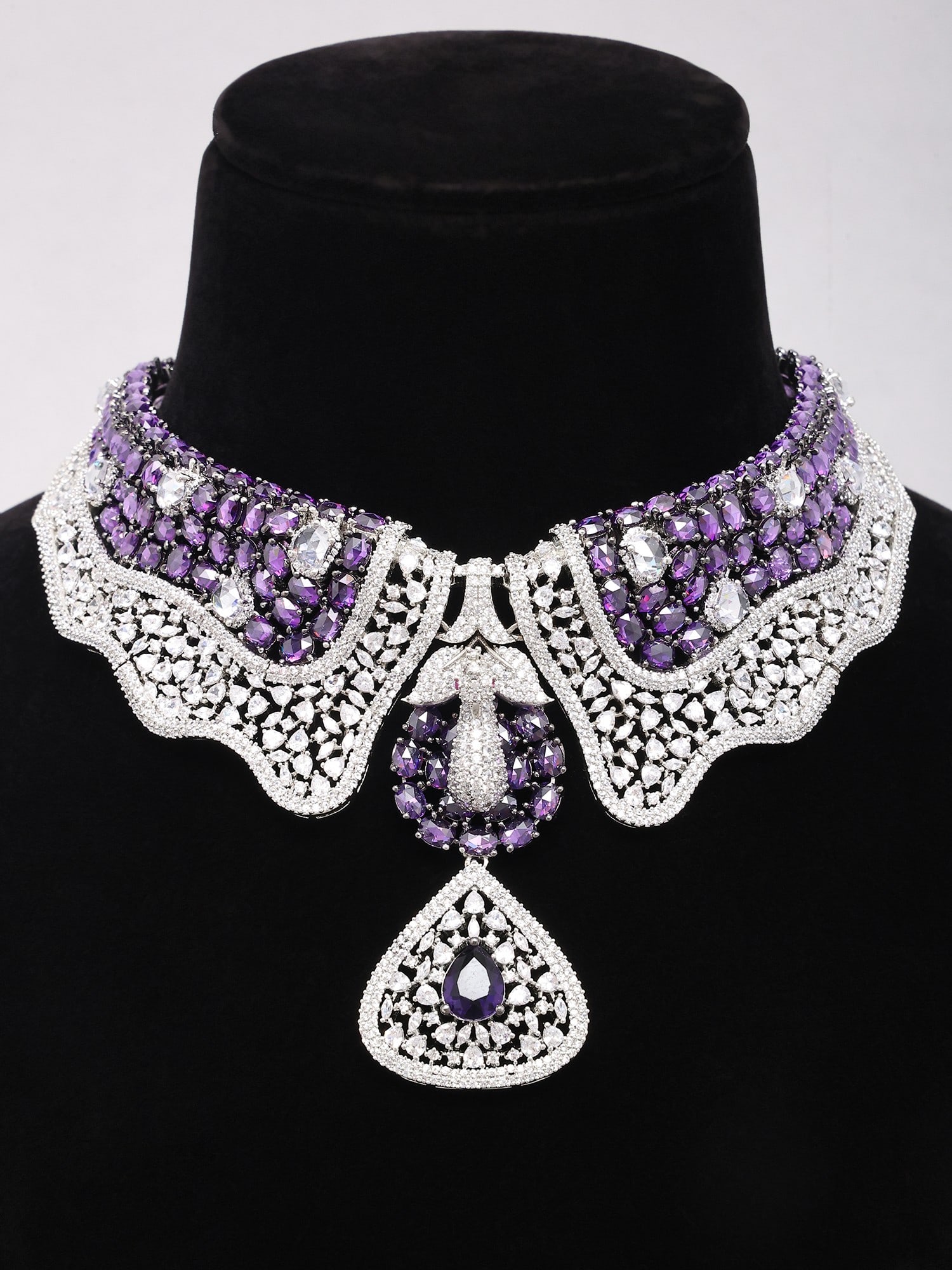 Peacock Design Stone Studded American Diamond Choker Set with Earrings - 2