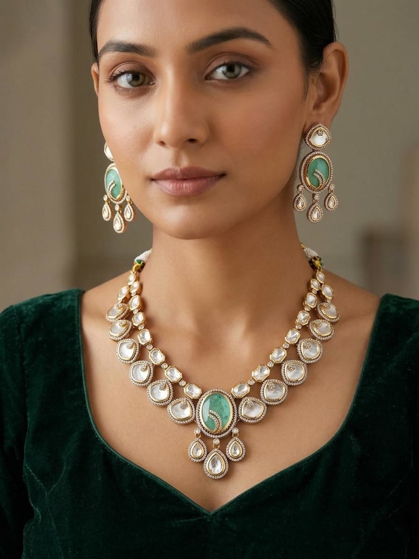 Green Stone Studded Kundan Bridal Necklace Set with Earrings: Title:Green Stone Studded Kundan Bridal Necklace Set with Earrings Reference:itemcode : JA0622 Reserve: $211.00 Shipping: Domestic: Shipping rates are determined by destination International: Foreign