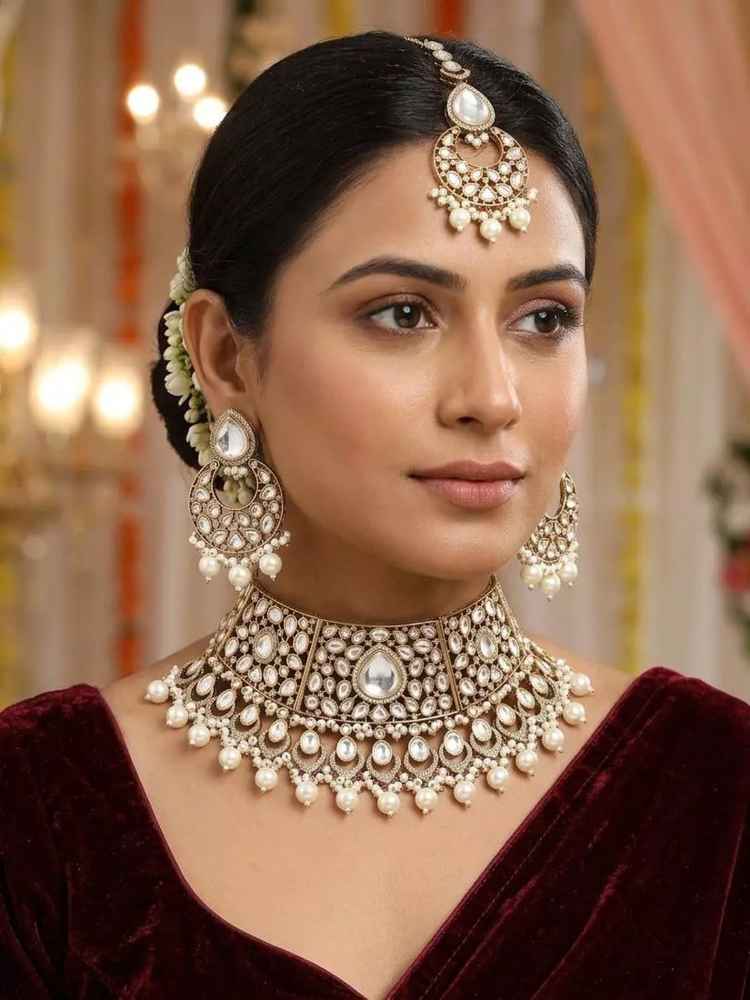 Teardrop Kundan Bridal Choker Set with Chaand Bali and Maang Tikka: Title:Teardrop Kundan Bridal Choker Set with Chaand Bali and Maang Tikka Reference:itemcode : JA0590 Reserve: $270.00 Shipping: Domestic: Shipping rates are determined by destination International: Fo