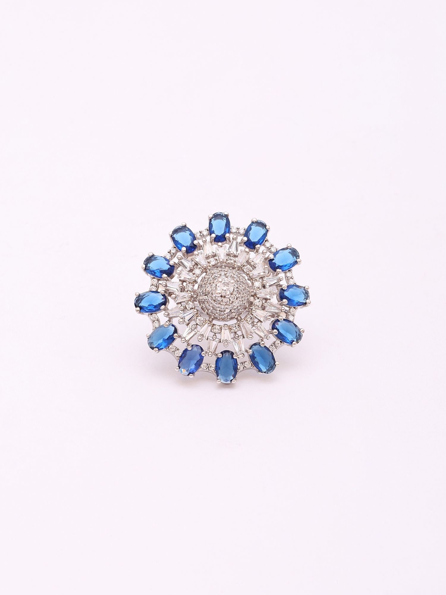 Zircon Studded Floral Sunburst Design Adjustable Sterling Silver Ring - 2