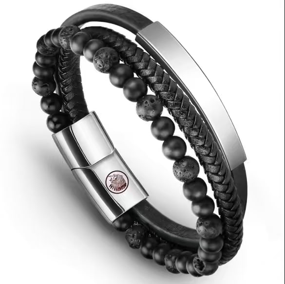 Handmade lava beads and leather braided bracelet (1 of 9)