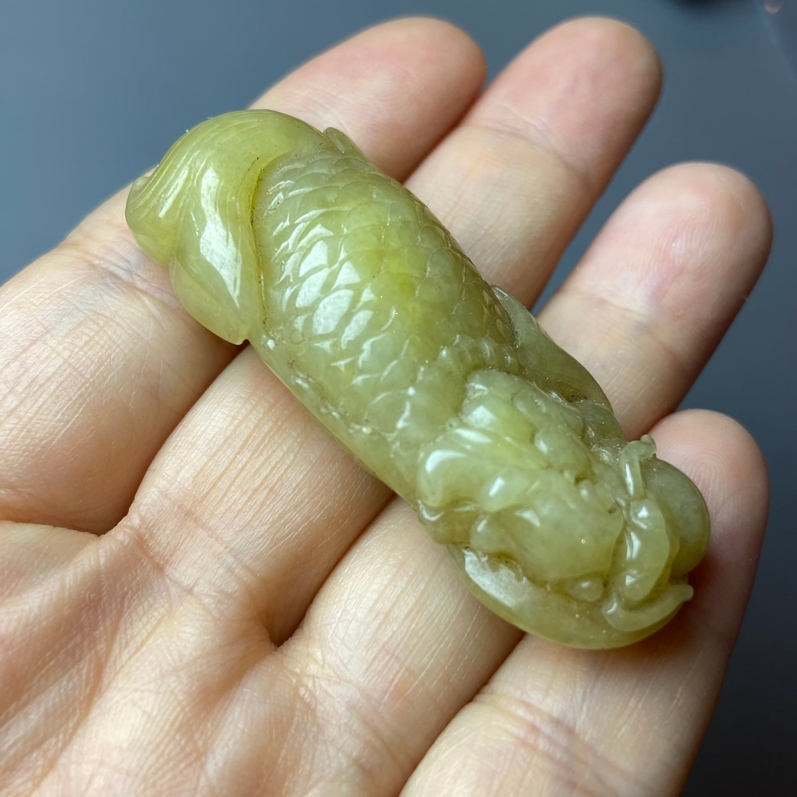 Antique Chinese Grade A Yellow Jadeite Jade statue caved Dragon Fish - 11