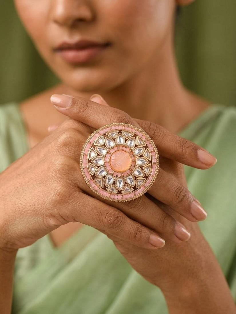 Stone Studded Circular Kundan Adjustable Ring with Carved Center Stone: Title:Stone Studded Circular Kundan Adjustable Ring with Carved Center Stone Reference:itemcode : JA0512-Pink Reserve: $38.00 Shipping: Domestic: Shipping rates are determined by destination Internati