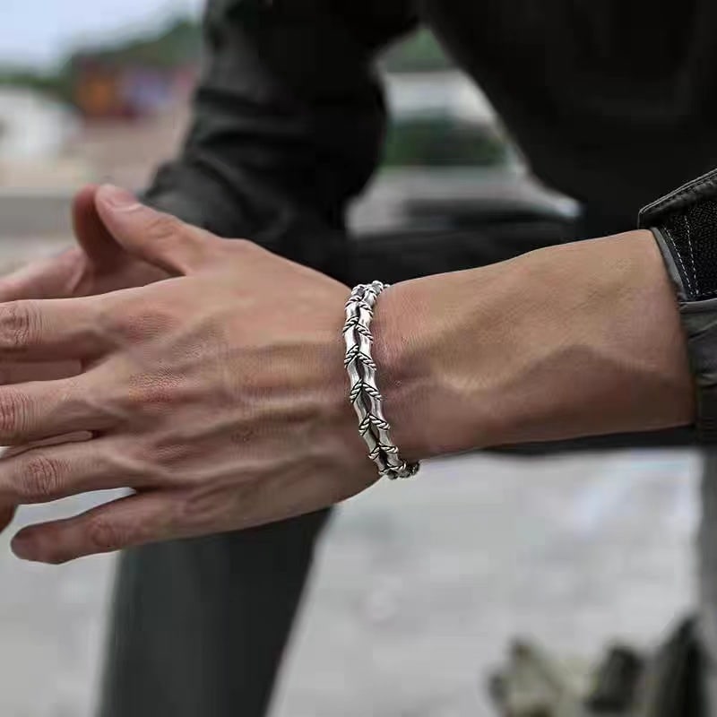 Double Bamboo Segment Open Bangle - Titanium Steel - 4