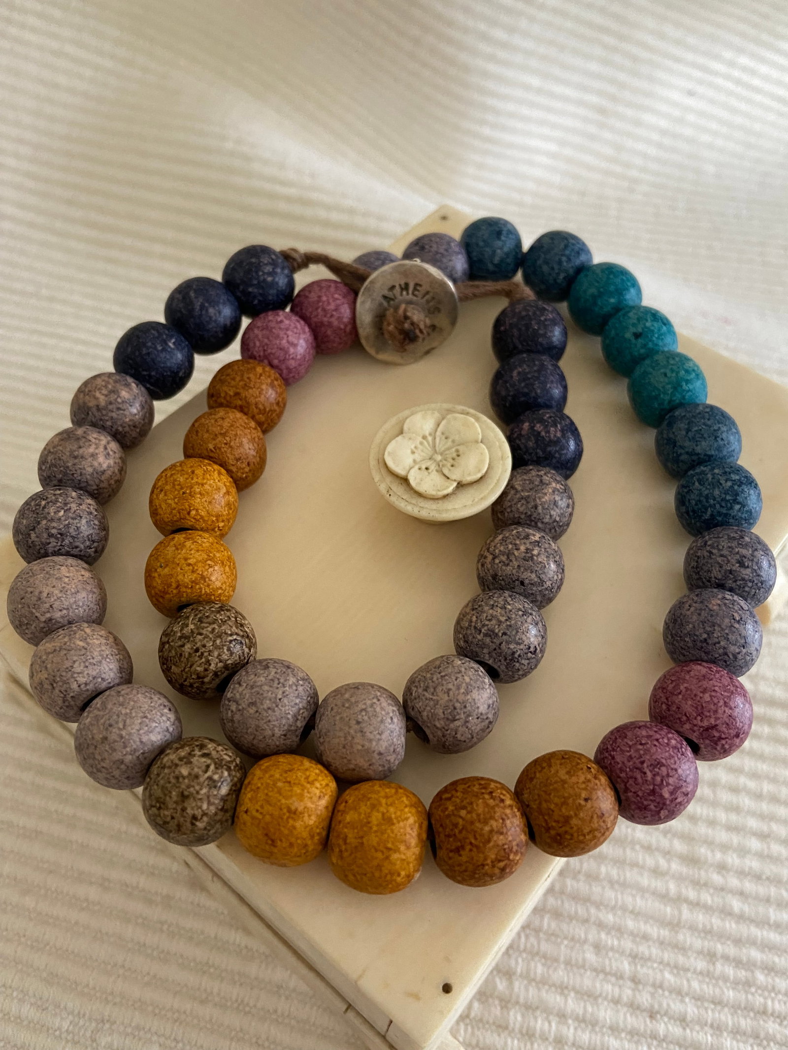 Aegean Sunset Multicolour Clay Ombre Bead Necklace: Title:Aegean Sunset Multicolour Clay Ombre Bead Necklace Description:Handmade in Athens, this vibrant necklace celebrates the rich spectrum of Mediterranean colour. Each smooth clay bead is individual