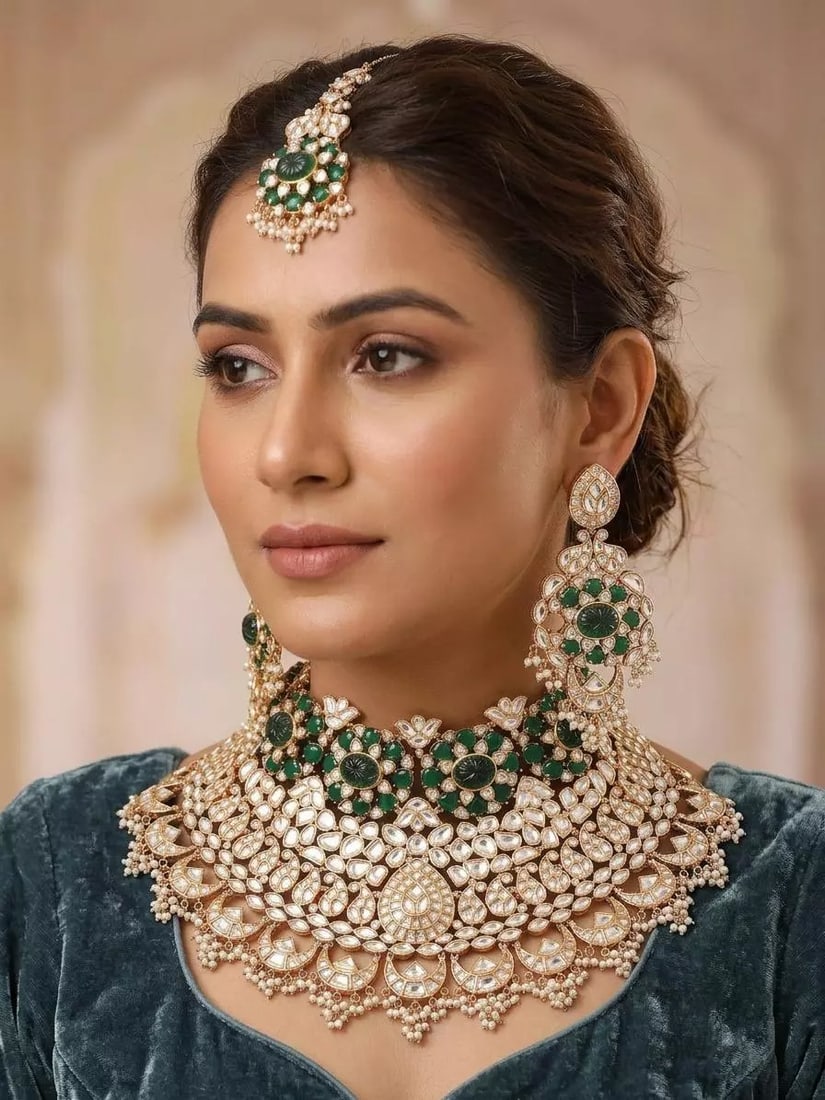Green Stone Studded Kundan Bridal Choker Necklace Set with Maang Tikka: Title:Green Stone Studded Kundan Bridal Choker Necklace Set with Maang Tikka Reference:itemcode : JA0616 Reserve: $454.00 Shipping: Domestic: Shipping rates are determined by destination International