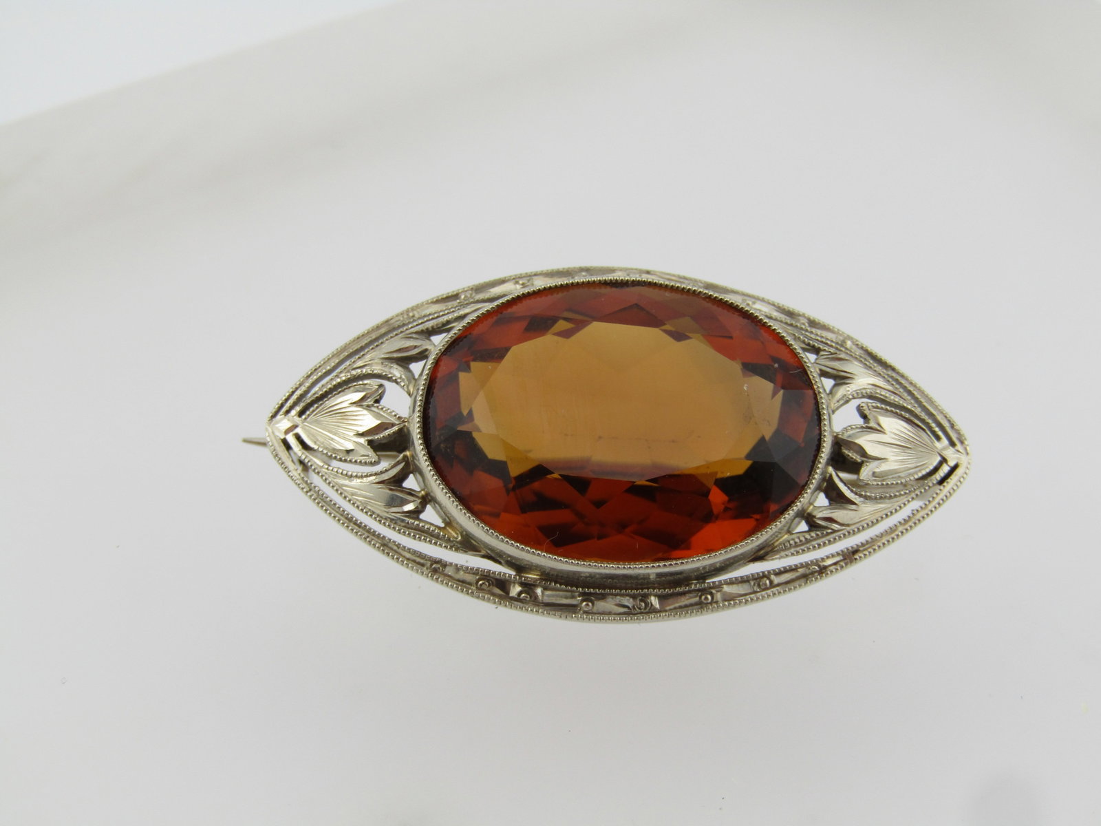Edwardian 14kt Citrine Brooch, Early 1900's, White Gold (1 of 7)