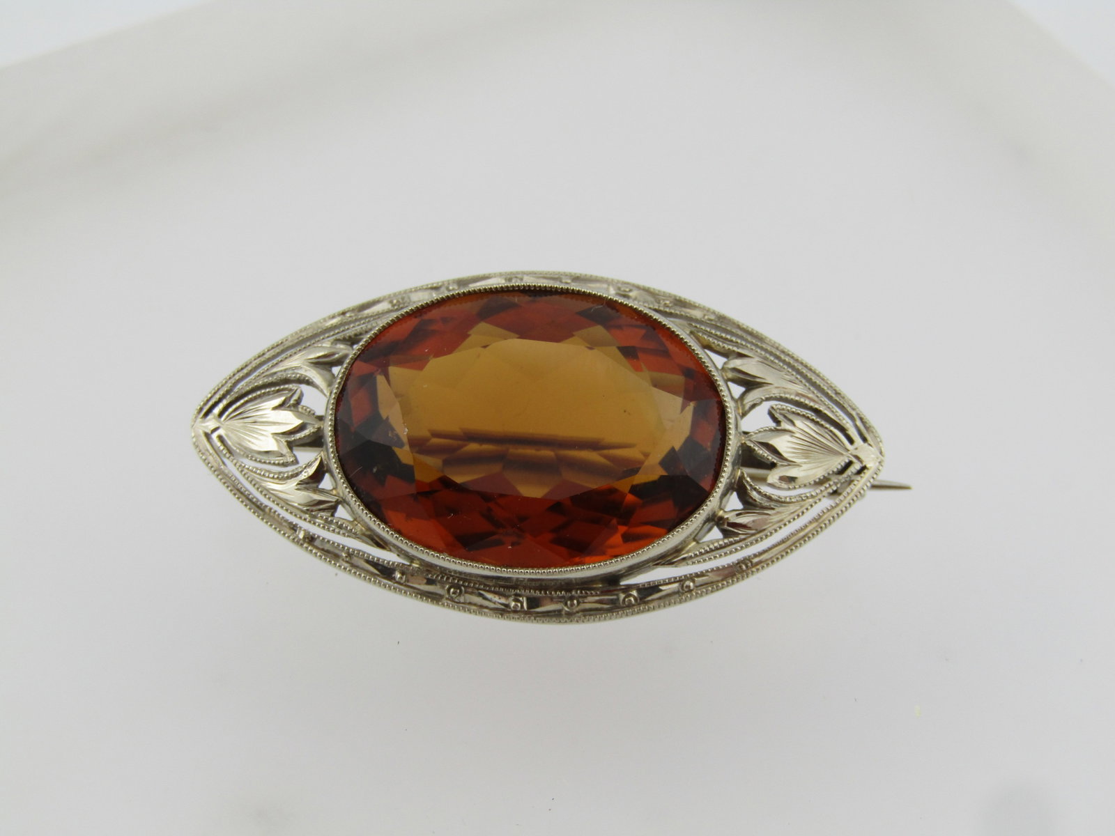 Edwardian 14kt Citrine Brooch, Early 1900's, White Gold - 2