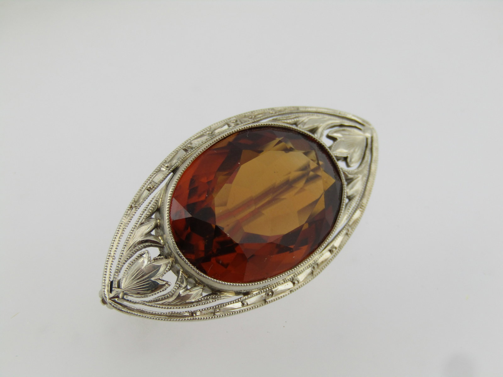Edwardian 14kt Citrine Brooch, Early 1900's, White Gold - 3