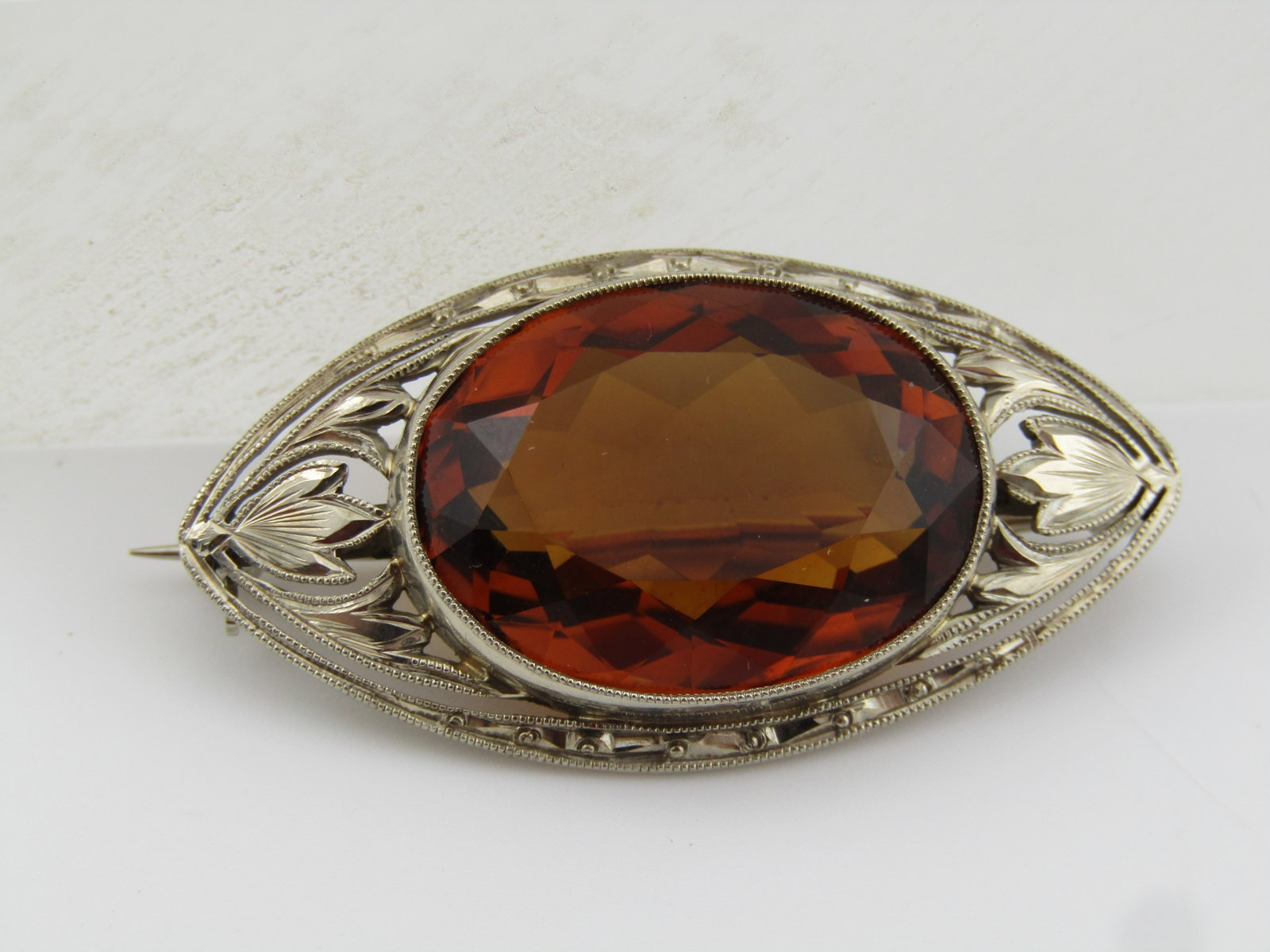 Edwardian 14kt Citrine Brooch, Early 1900's, White Gold - 6