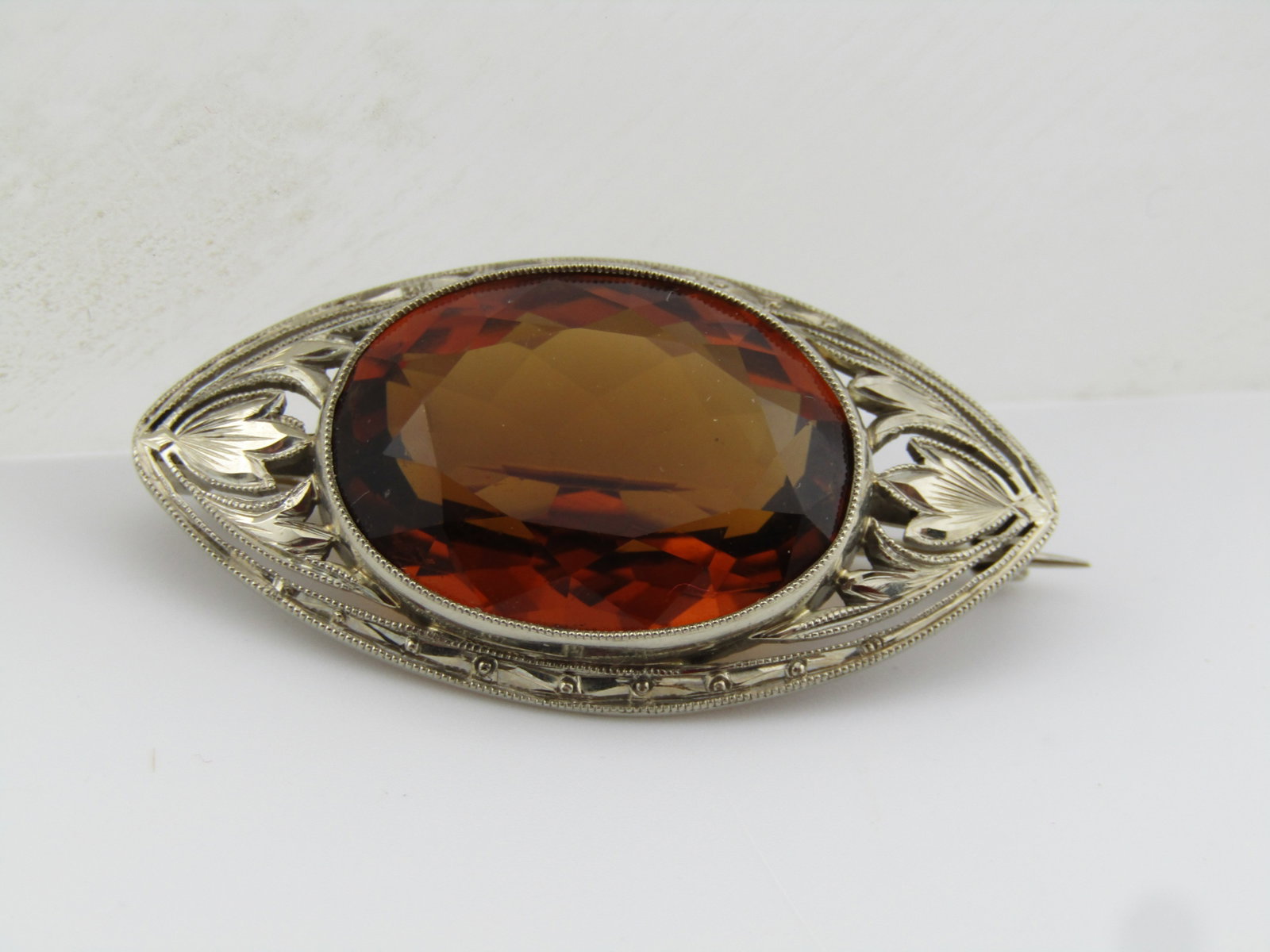 Edwardian 14kt Citrine Brooch, Early 1900's, White Gold - 7