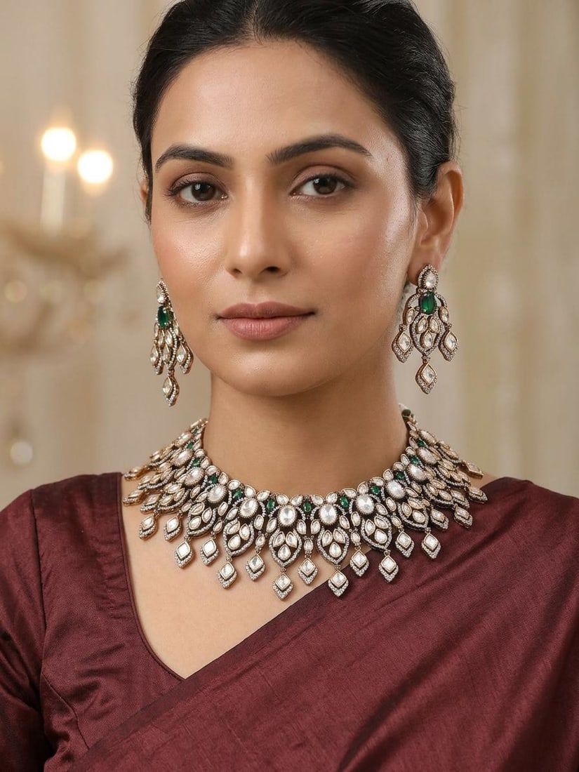 Green Stone Studded Traditional Kundan Bridal Choker Necklace Set with Earrings: Title:Green Stone Studded Traditional Kundan Bridal Choker Necklace Set with Earrings Reference:itemcode : JA0643 Reserve: $265.00 Shipping: Domestic: Shipping rates are determined by destination