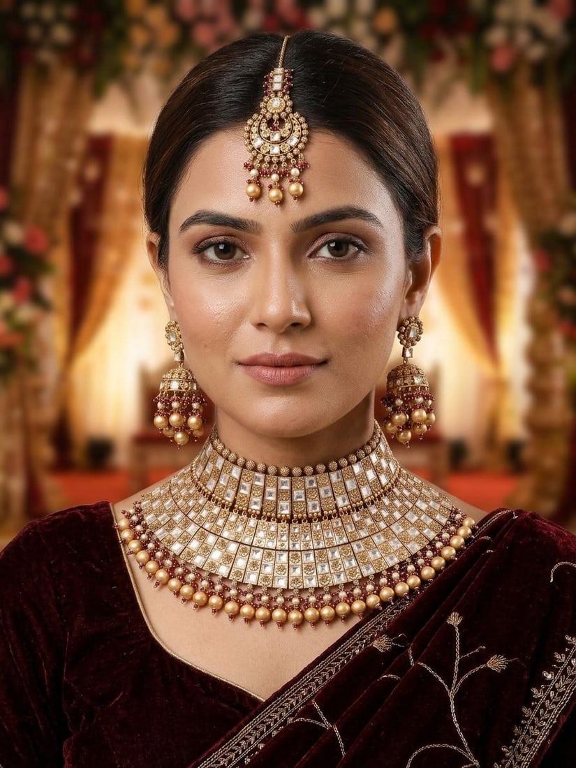 Traditional Square Kundan Bridal Choker Necklace Set with Maang Tikka: Title:Traditional Square Kundan Bridal Choker Necklace Set with Maang Tikka Reference:itemcode : JA0615 Reserve: $454.00 Shipping: Domestic: Shipping rates are determined by destination International: