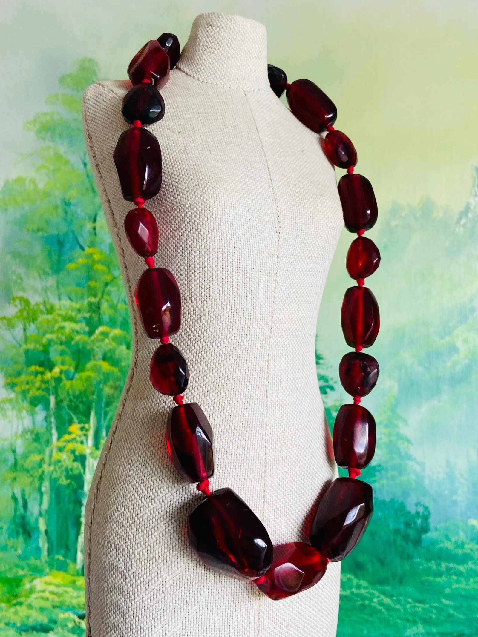 Vintage 1930s Celluloid Cherry Amber Graduated Faceted Bead Necklace - 56cm / 85g - 2