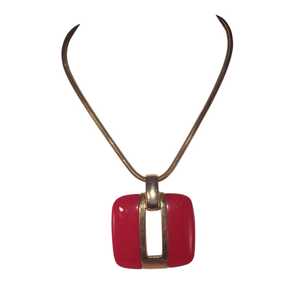 Lanvin Large Square Red and Gold Pendant Necklace: Title:Lanvin Large Square Red and Gold Pendant Necklace Description:Gorgeous pendant and typical snake chain design, from the house of Lanvin. Circa 1970's. Necklace and pendant are heavily plated in 