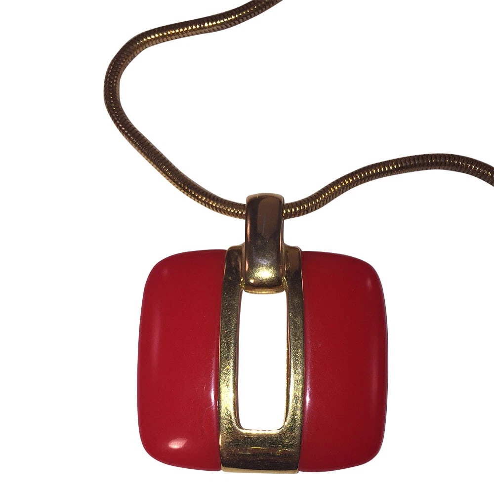 Lanvin Large Square Red and Gold Pendant Necklace - 3