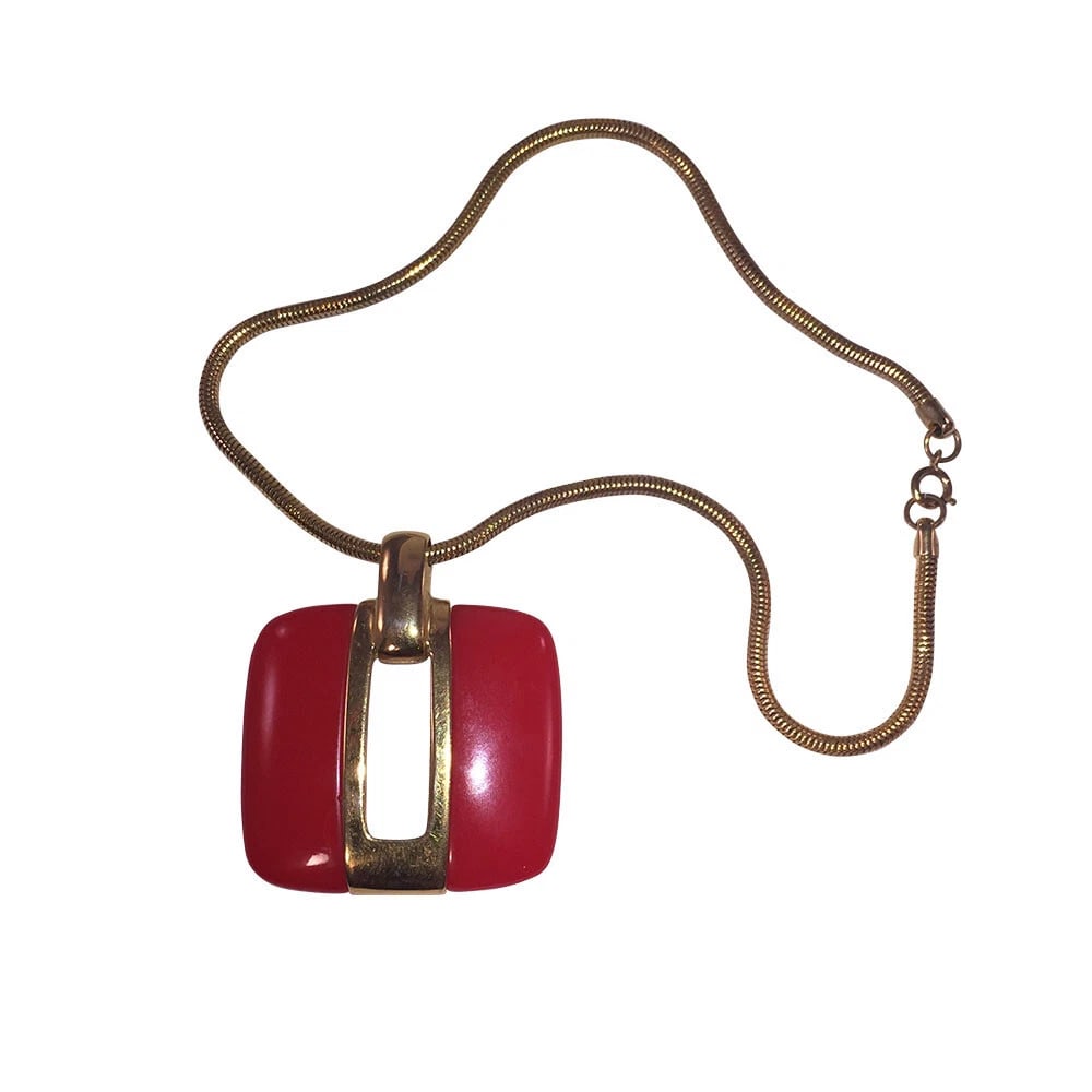 Lanvin Large Square Red and Gold Pendant Necklace - 4