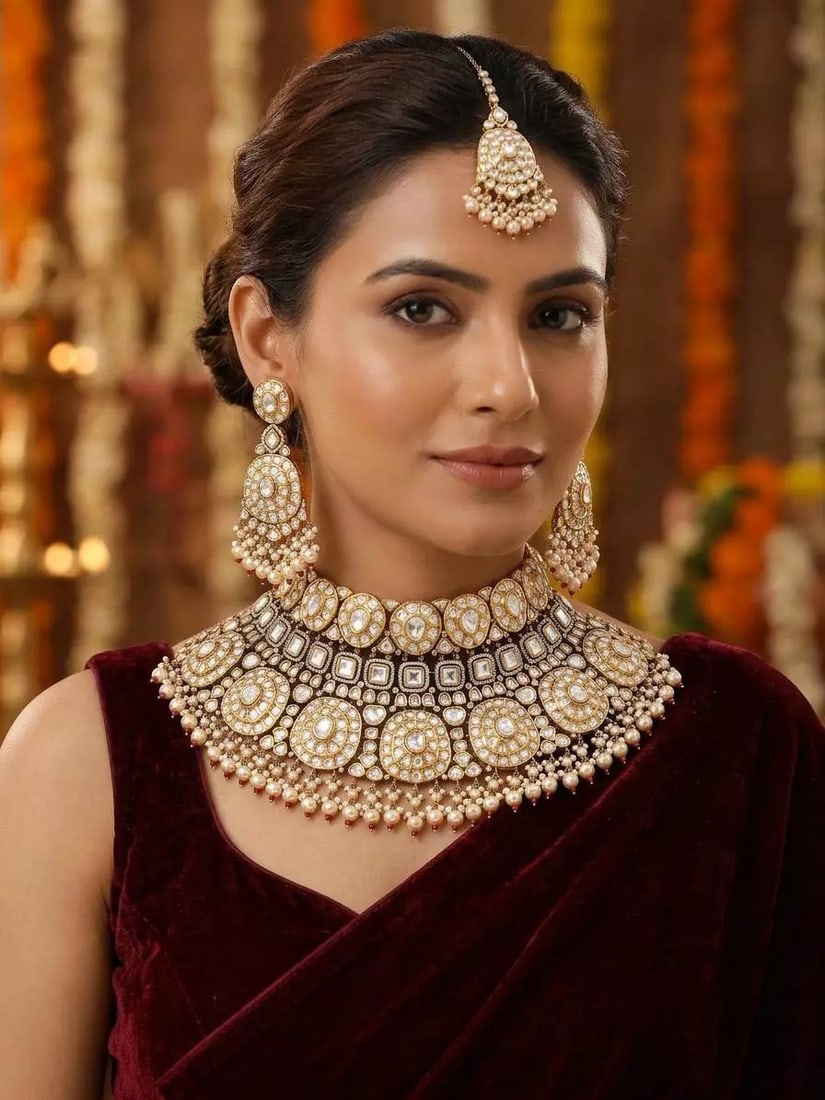Pearl Drop Kundan Bridal Choker Necklace Set with Earrings and Maang Tikka: Title:Pearl Drop Kundan Bridal Choker Necklace Set with Earrings and Maang Tikka Reference:itemcode : JA0596 Reserve: $756.00 Shipping: Domestic: Shipping rates are determined by destination Internati