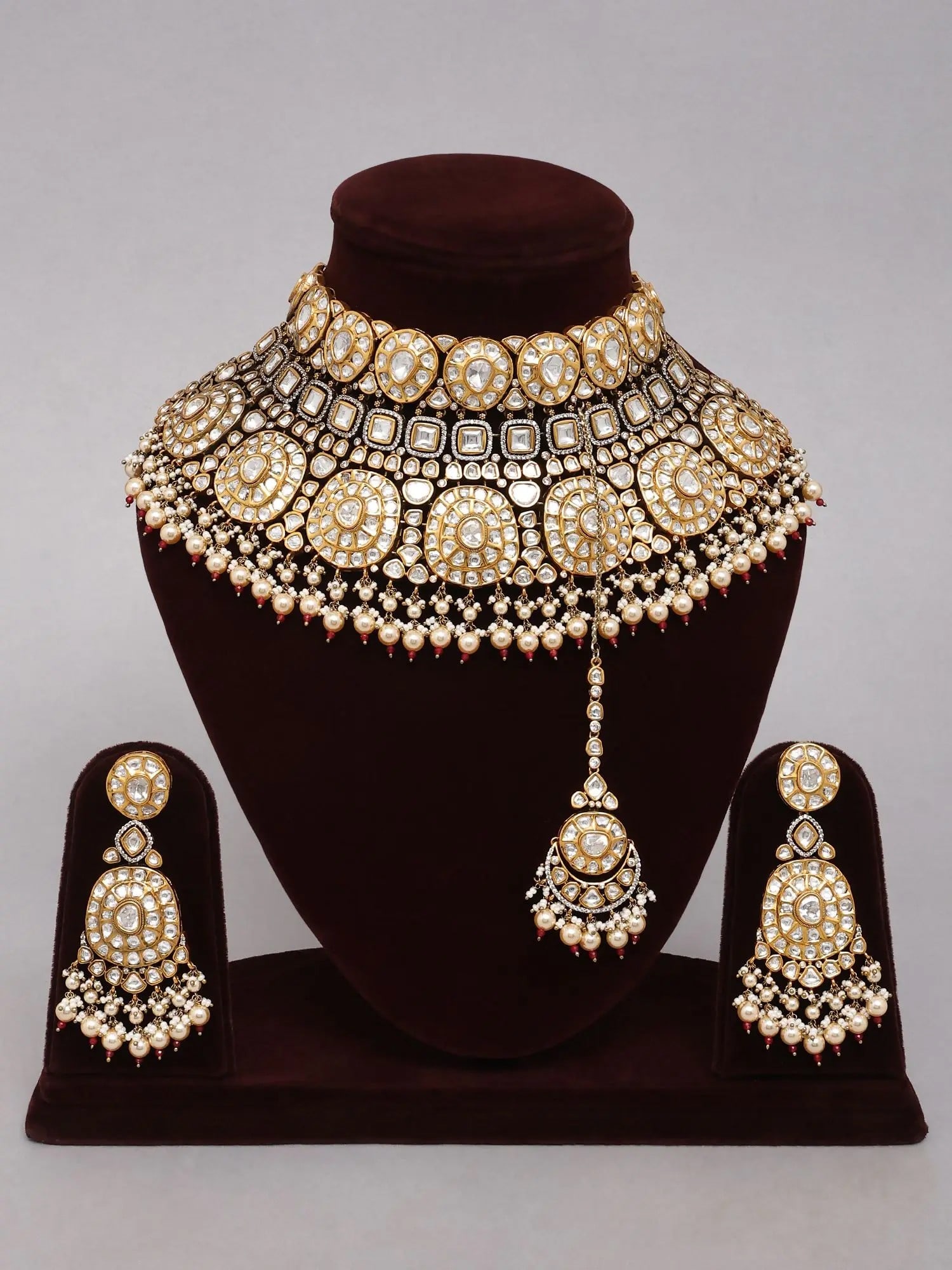 Pearl Drop Kundan Bridal Choker Necklace Set with Earrings and Maang Tikka - 2