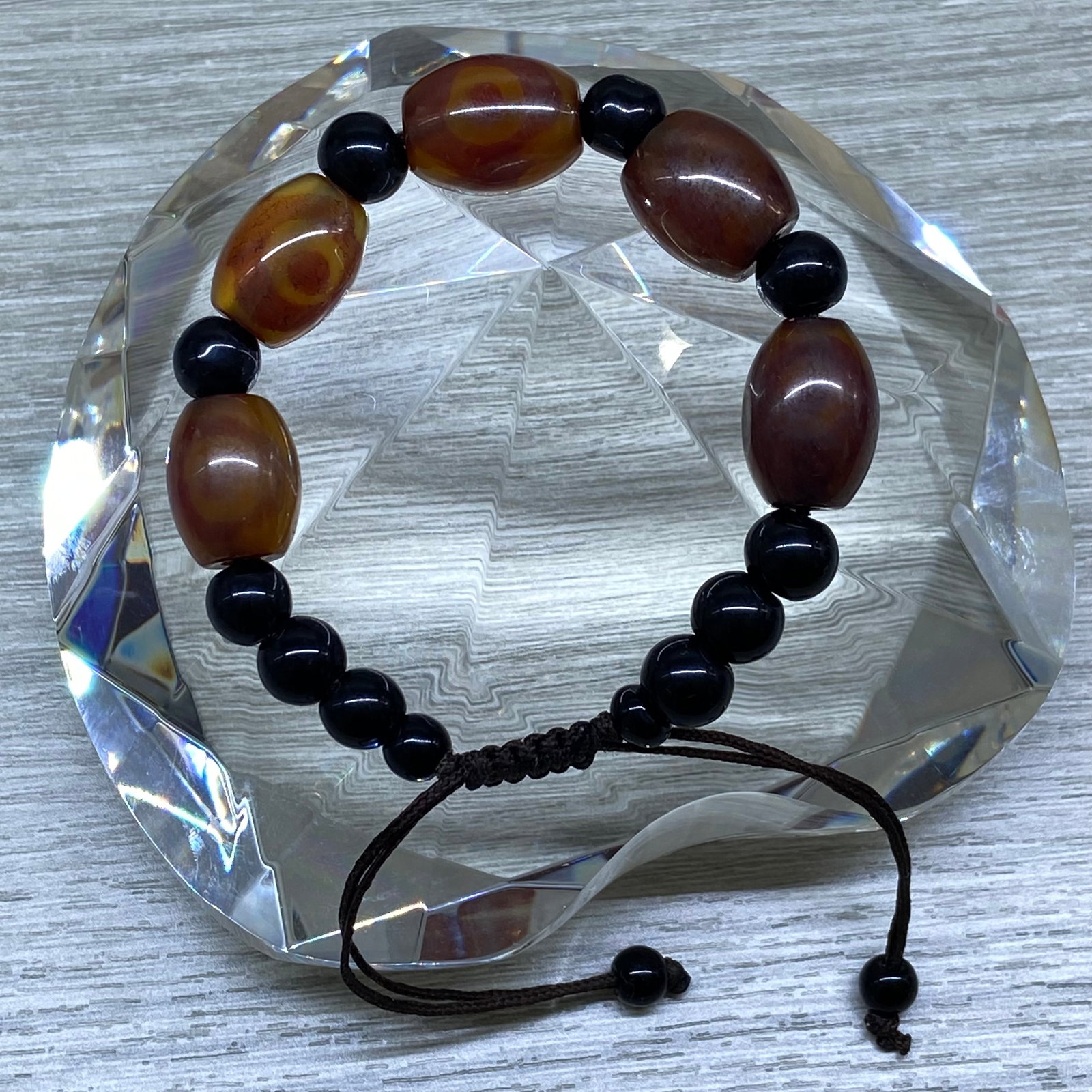 Peking Glass Agate-Inspired Dzi Bead Bracelet with Adjustable Cord - 3