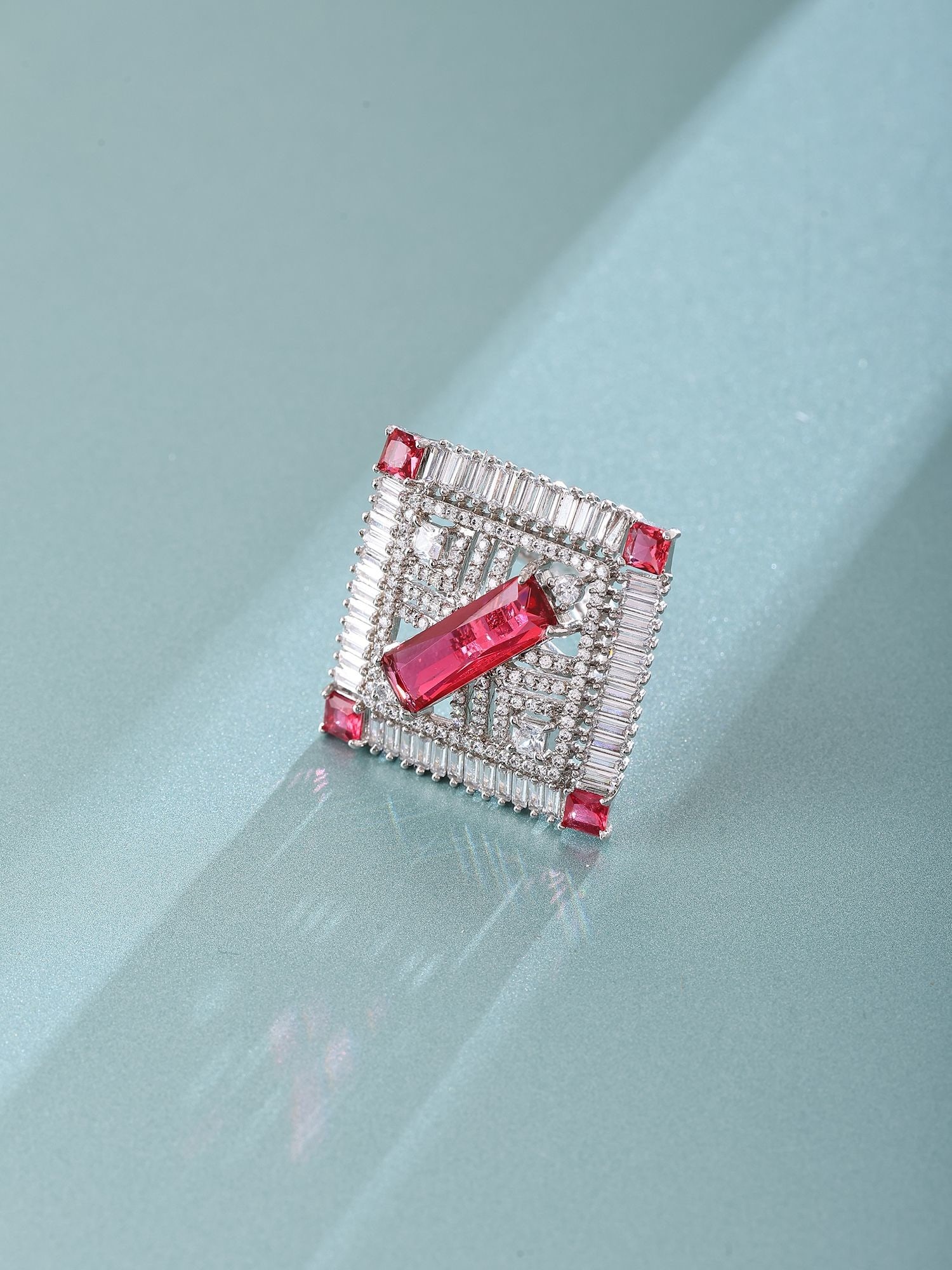 Stone Studded Sterling Silver Adjustable Ring with Geometric Crystal Frame: Title:Stone Studded Sterling Silver Adjustable Ring with Geometric Crystal Frame Reference:itemcode : JA0500 Reserve: $140.00 Shipping: Domestic: Shipping rates are determined by destination Internati