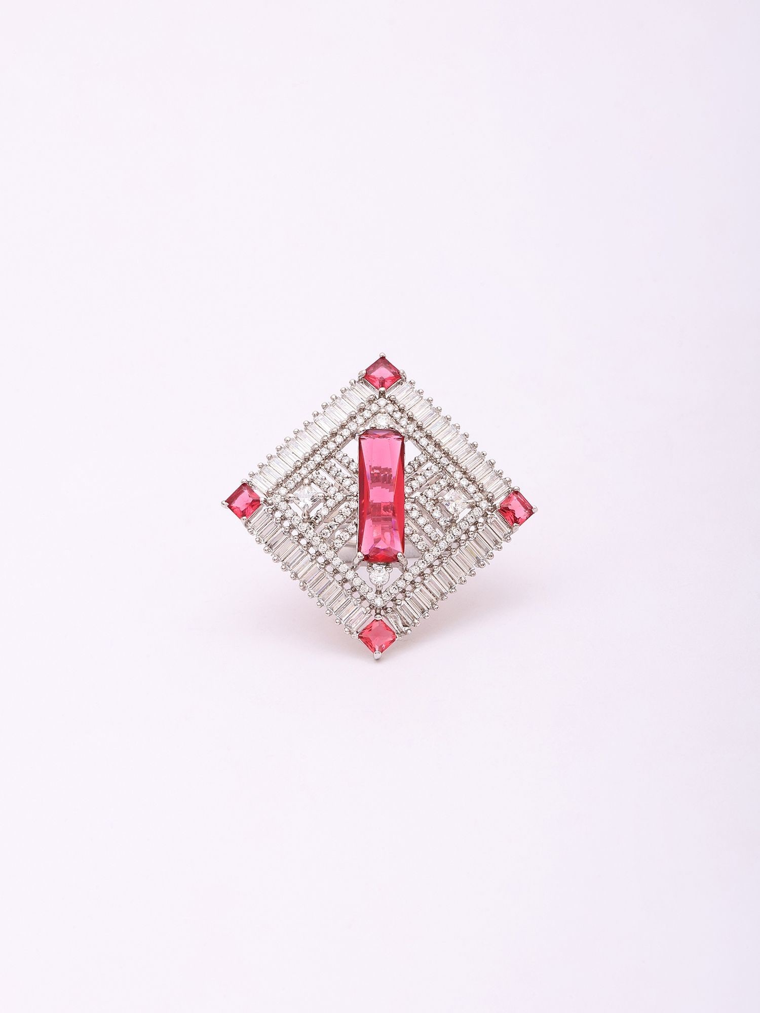 Stone Studded Sterling Silver Adjustable Ring with Geometric Crystal Frame - 2