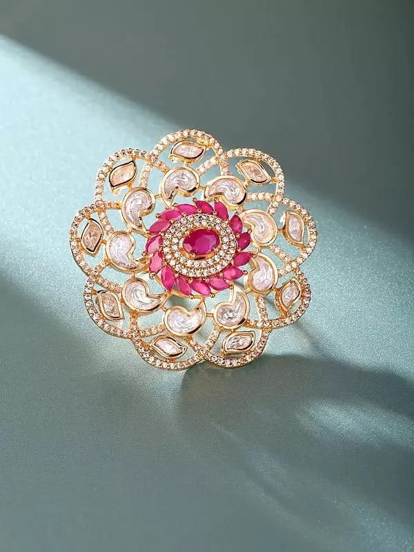 Kundan Stone Studded Floral Adjustable Statement Ring: Title:Kundan Stone Studded Floral Adjustable Statement Ring Reference:itemcode : JA0523-Sea Green Reserve: $43.00 Shipping: Domestic: Shipping rates are determined by destination International: Foreig