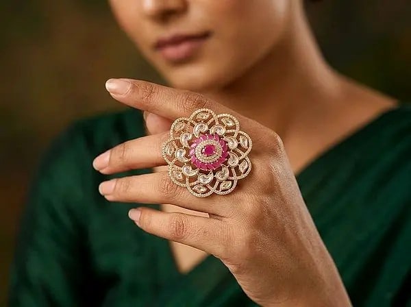 Kundan Stone Studded Floral Adjustable Statement Ring - 2