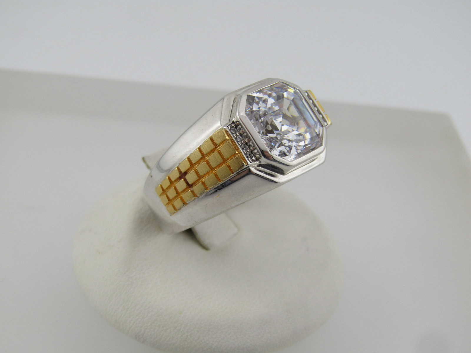 Men's Sterling Clear Stone Ring, Sz. 11.5, Gold Accents, Signed, Modern Age Ring - 2
