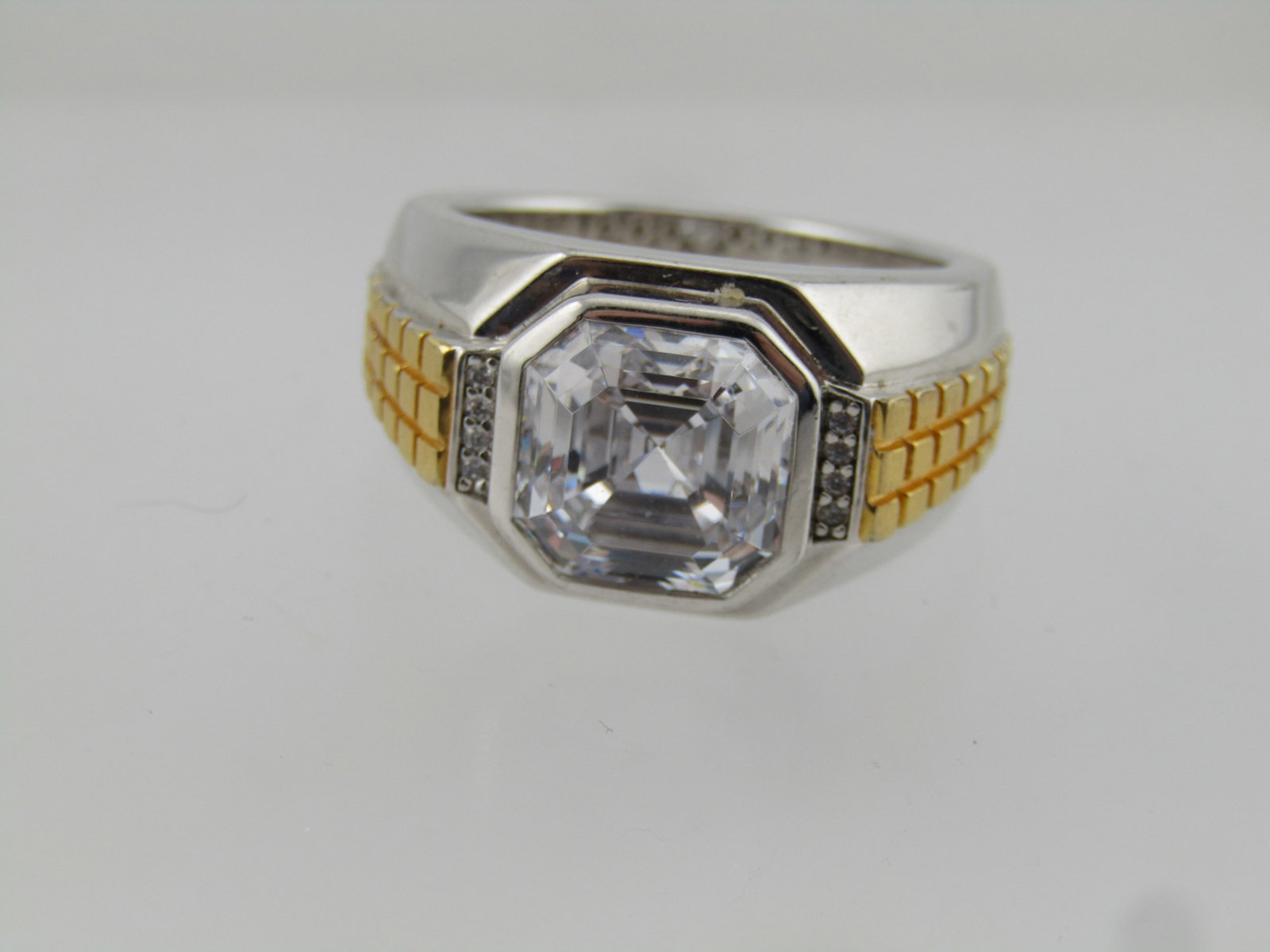 Men's Sterling Clear Stone Ring, Sz. 11.5, Gold Accents, Signed, Modern Age Ring - 4