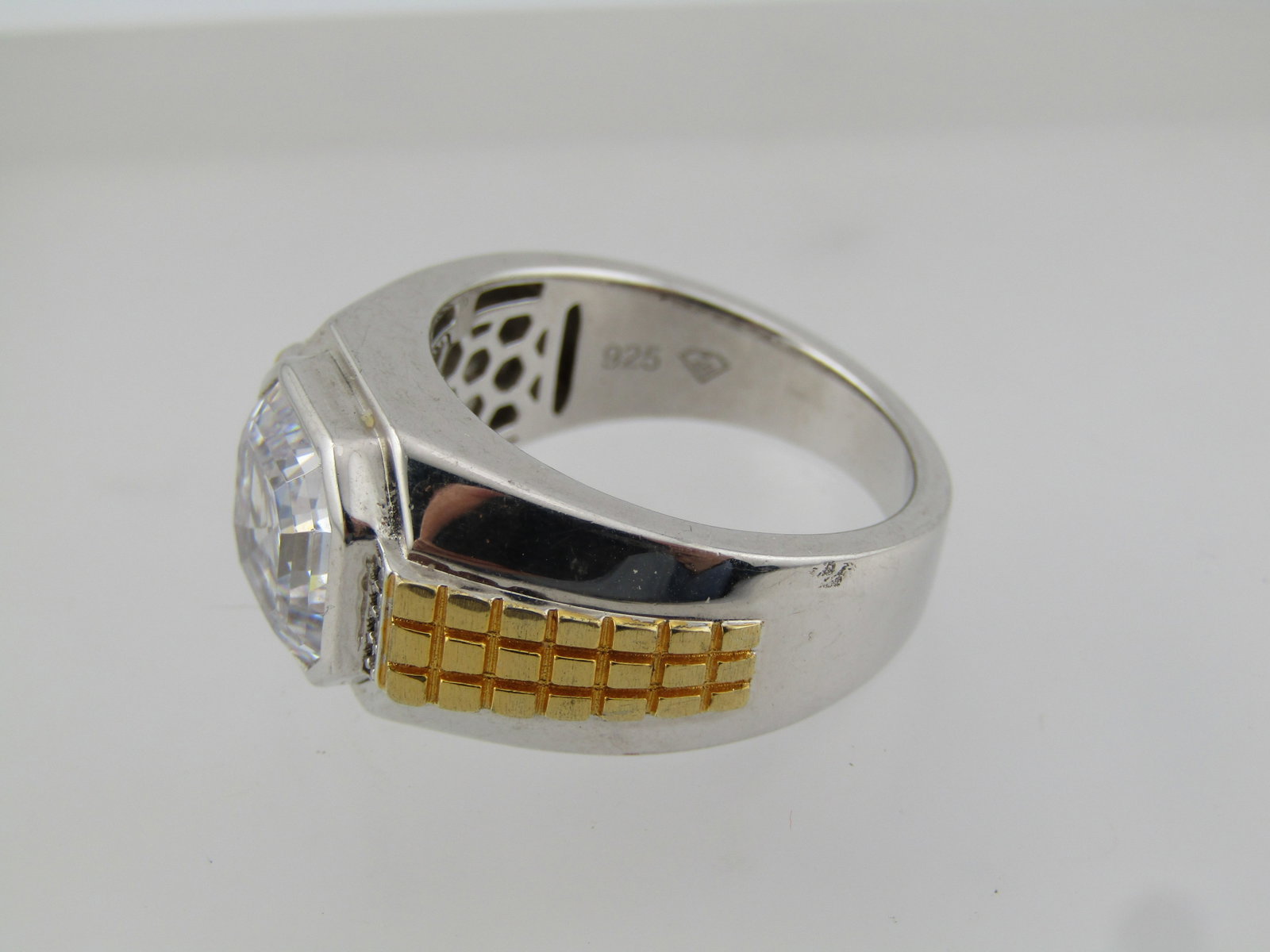 Men's Sterling Clear Stone Ring, Sz. 11.5, Gold Accents, Signed, Modern Age Ring - 5