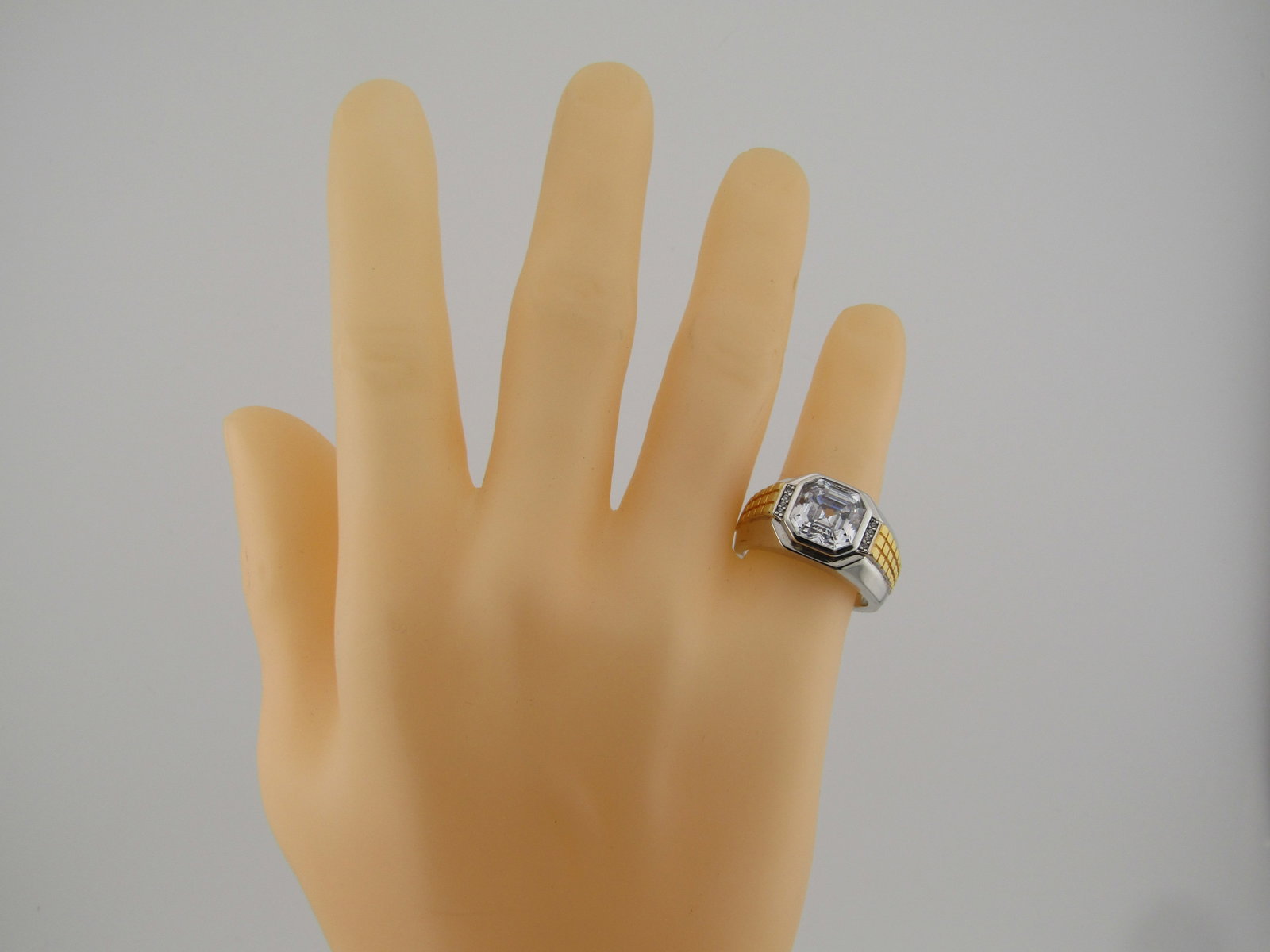 Men's Sterling Clear Stone Ring, Sz. 11.5, Gold Accents, Signed, Modern Age Ring - 7