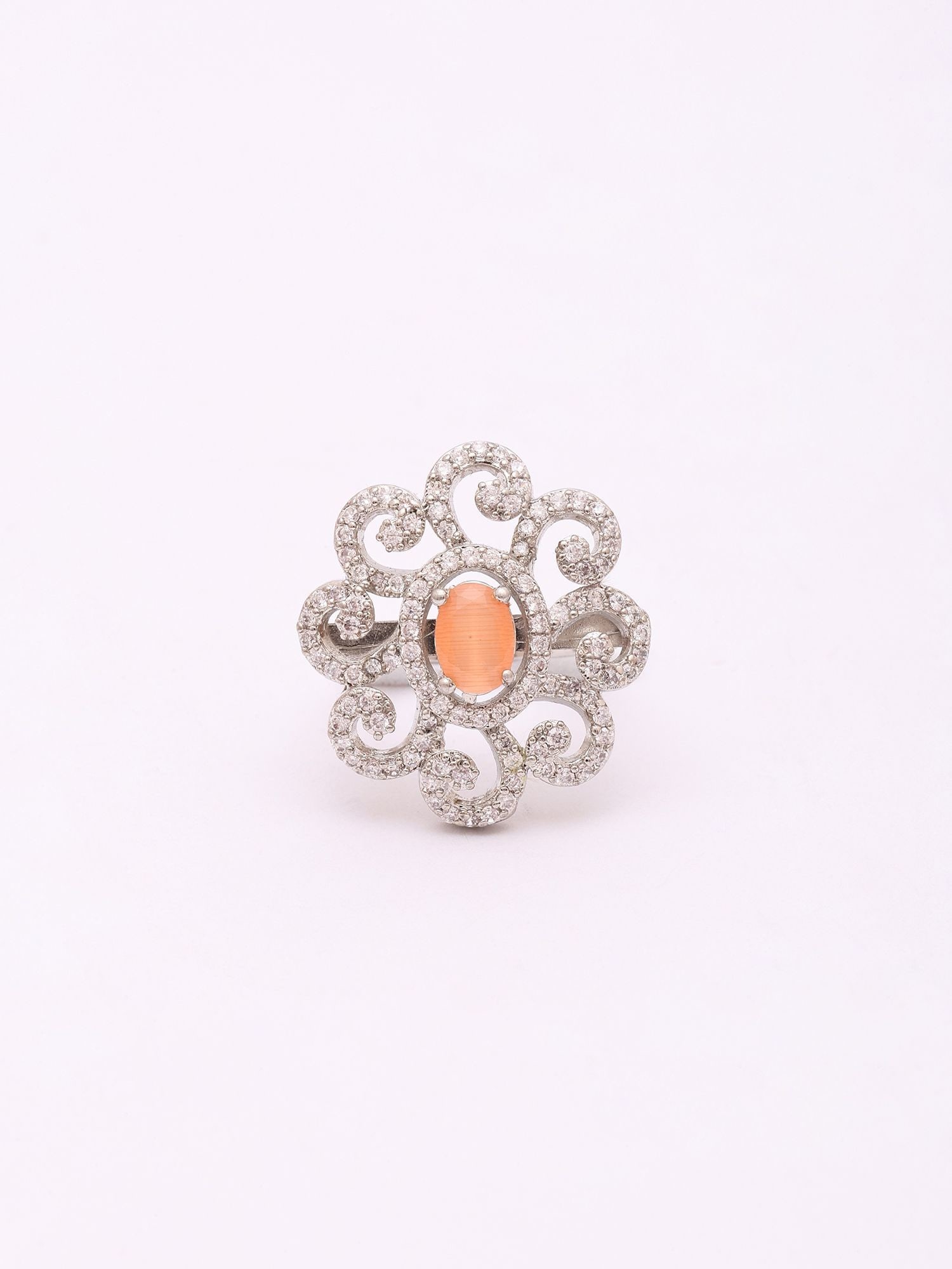 Floral Stone Studded Sterling Silver Ring with Peach Crystal Accent - 2